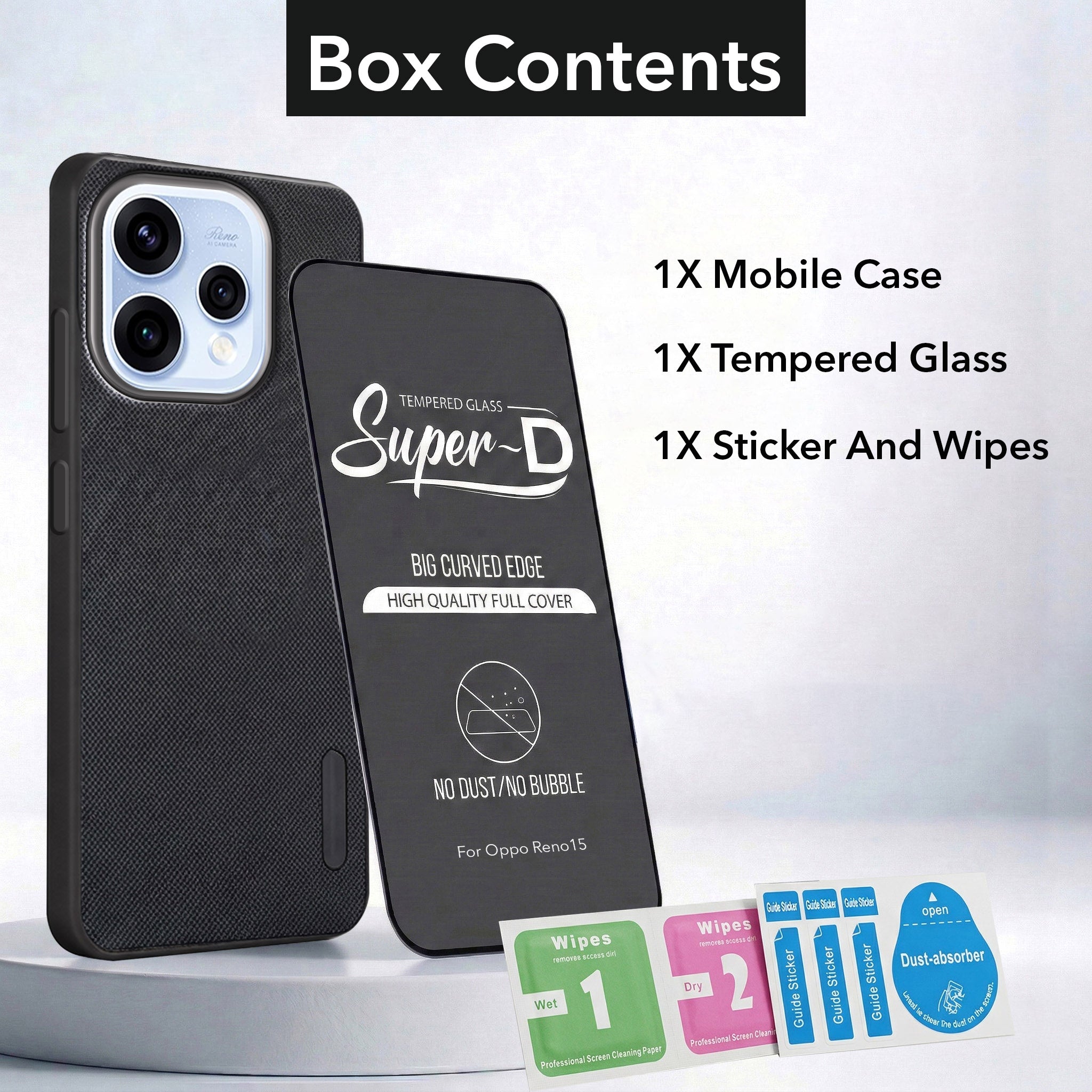 For Oppo Reno15 5G | Oppo Reno 15 5G Combo with Back Cover and 9H Tempered Glass (Textured Grip Design | Micro-Fiber Cloth Inside | Oleophobic Coating Screen Glass)