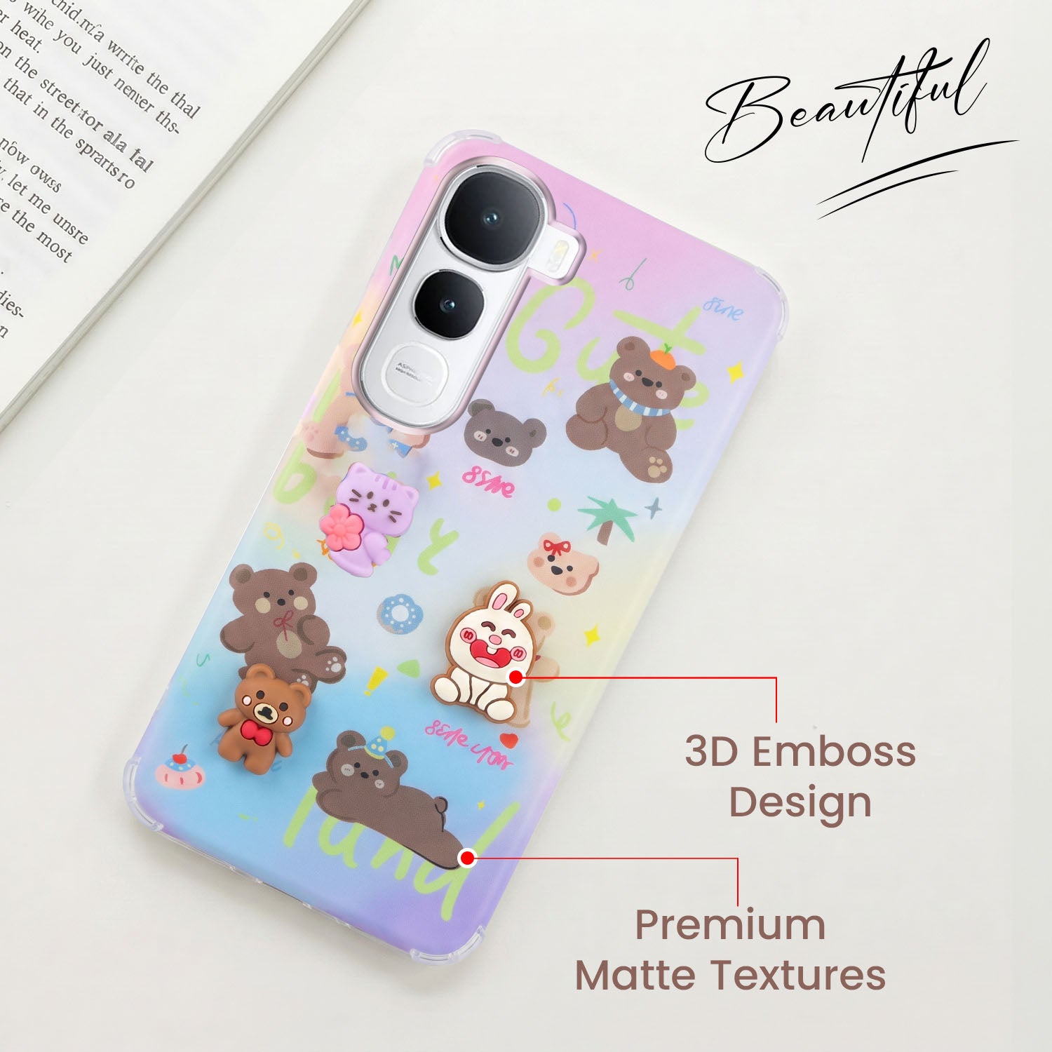For Vivo Y400 Back Cover Case (3D Cute Cartoons | Hard Back Side Soft | Matte Premium Finish | HD Printing)
