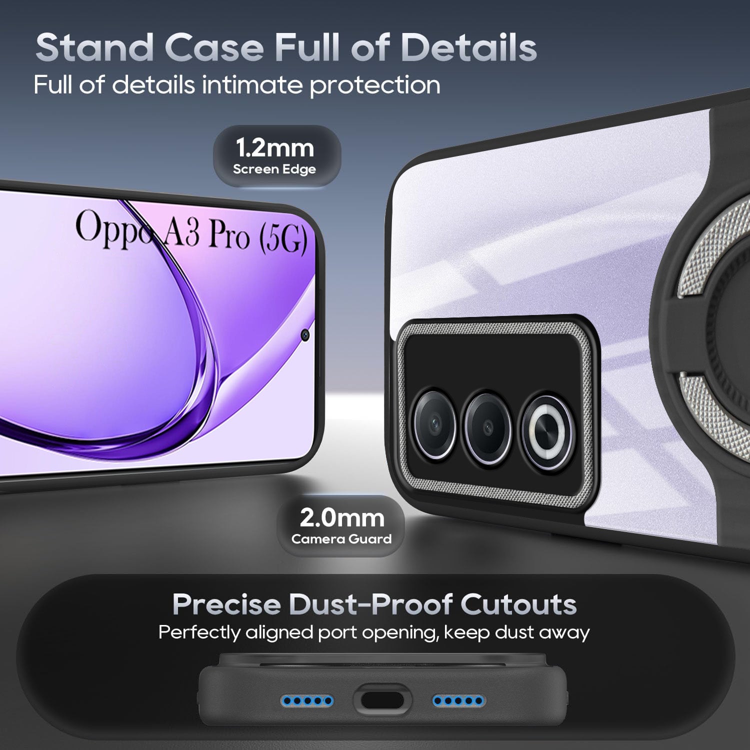 For Oppo A3 Pro 5G Back Cover Case with stand (Built-in Ring Holder Kickstand | Lifetime Anti Yellow | Camera Protection)