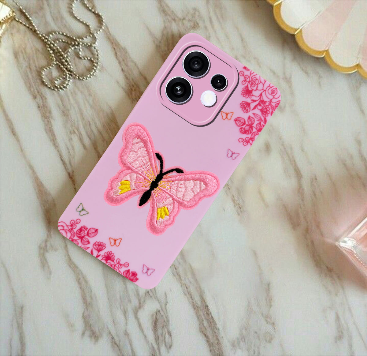 For Oppo Reno 16 Back Cover Case (Soft Butterfly Embroidery | Women Teen Girls | Camera Protection| Matte Silicone)