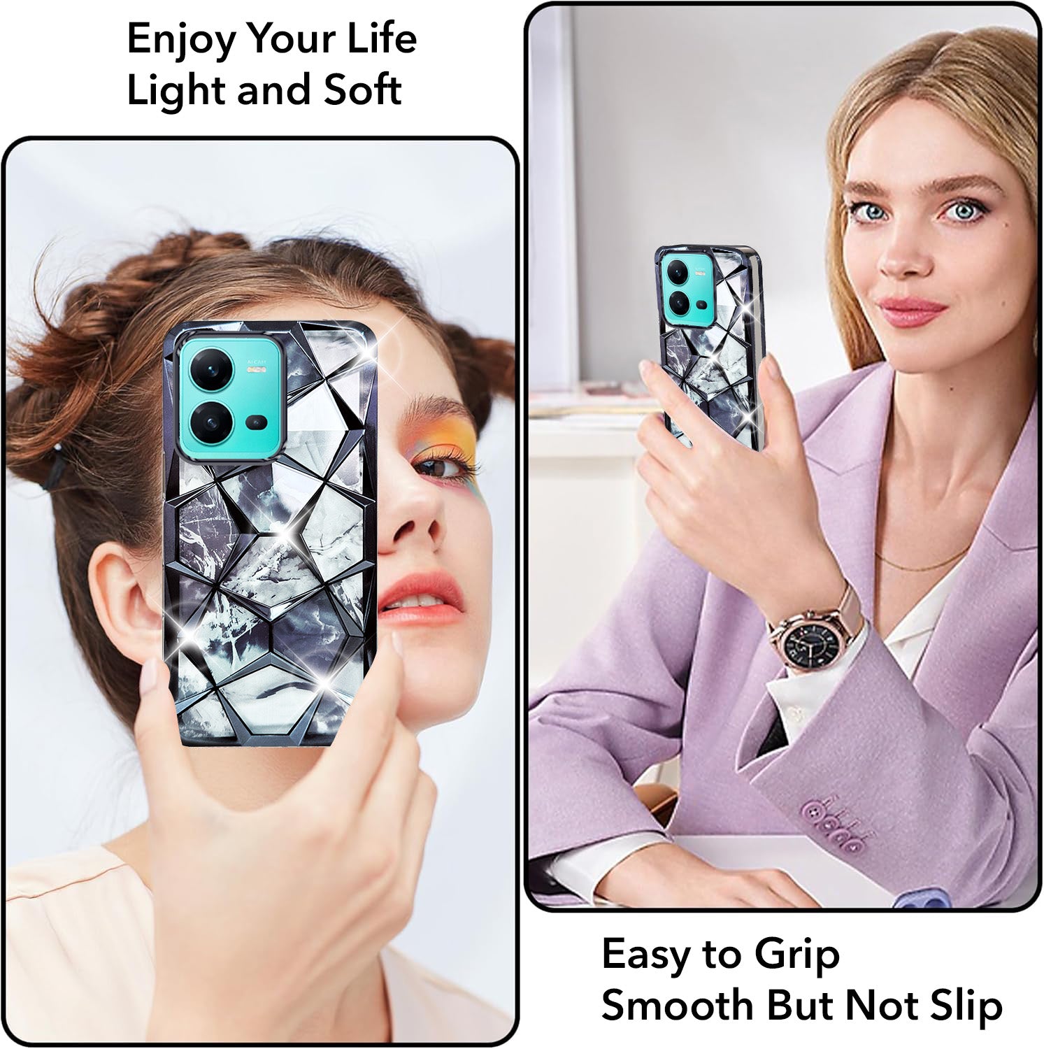 For Vivo V25 5G Back Cover Case Compatible (Dual Design Glitter Sparkle and Detachable Diamond Print Case | Soft and Flexible)