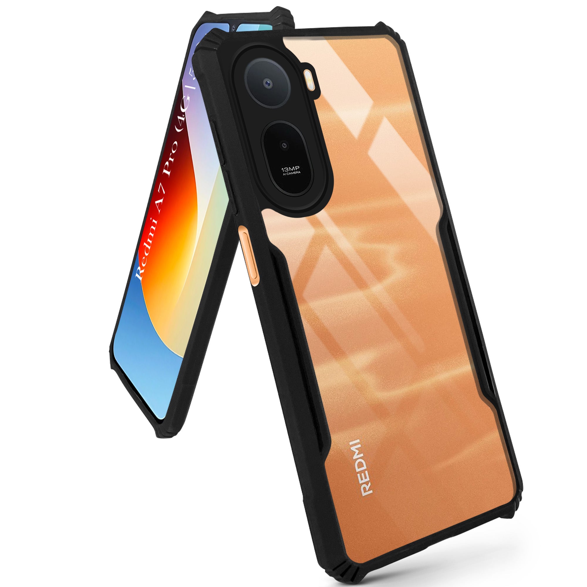 For Redmi A7 Pro 5G Back Cover Case Hybrid (Shockproof with Polycarbonate Clear Panel | Professional Black)