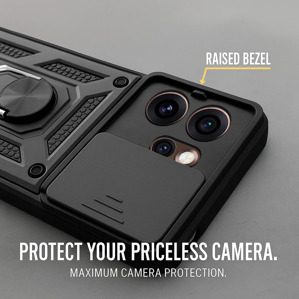 For Oppo Reno15 Pro 5G | Oppo Reno 15 Pro 5G Back Cover Case Hybrid Armor (Sliding Shutter Camera Protection | Polycarbonate |Ring Holder Kickstand)