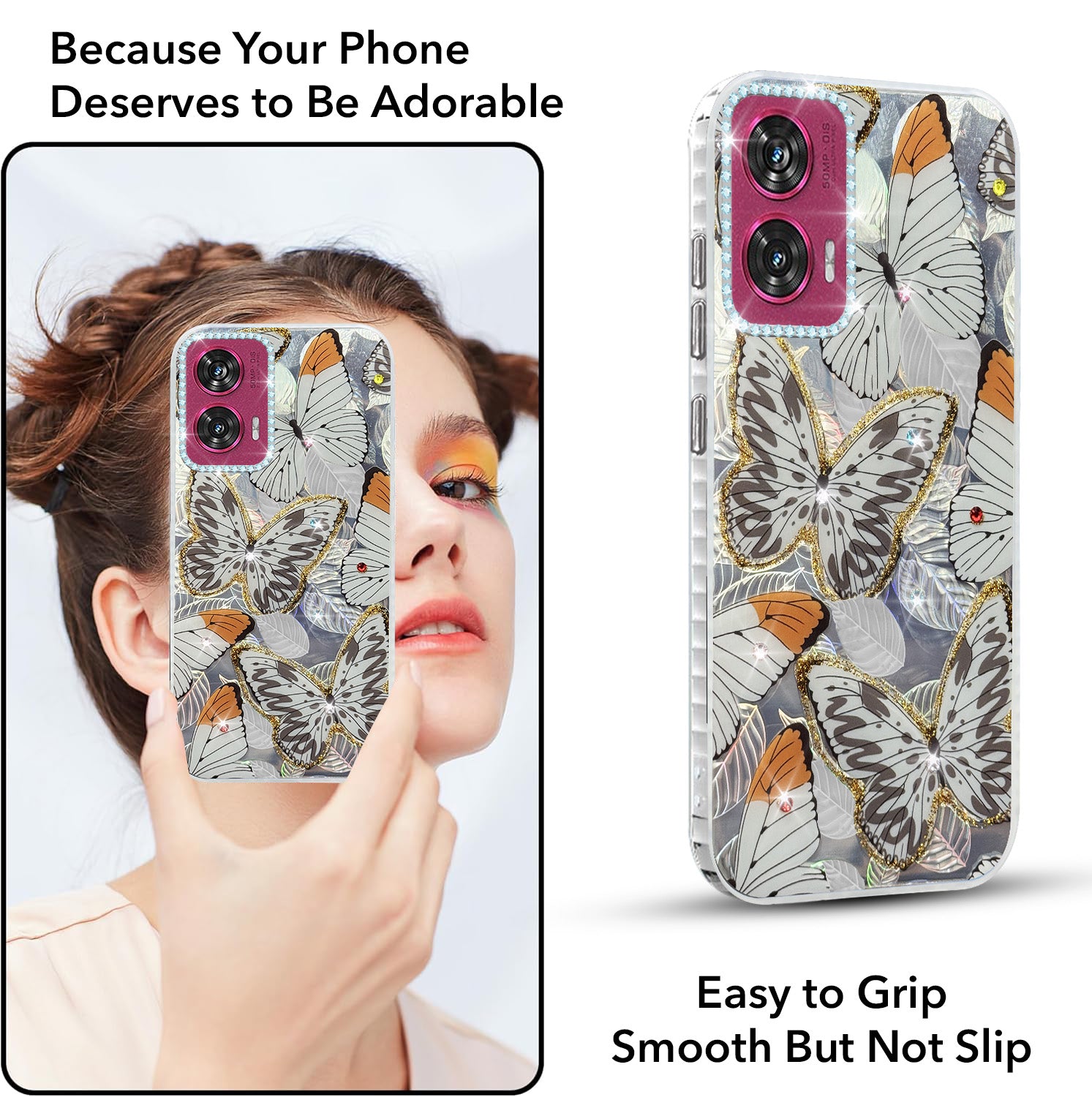 For Motorola Moto Edge 50 Fusion Back Cover Case (Luxury Floral Glitter Cute Butterfly | Diamond Studded Camera Bump | Girls & Women Design)