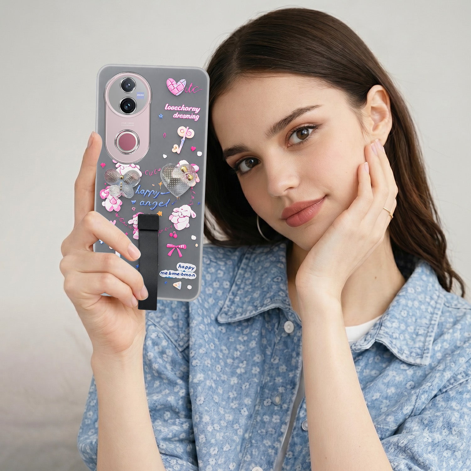 For Vivo V50 | Vivo V50e Back Cover Case (3D Cute Heart Strap Holder | Camera Protection | Designer Girls Print)