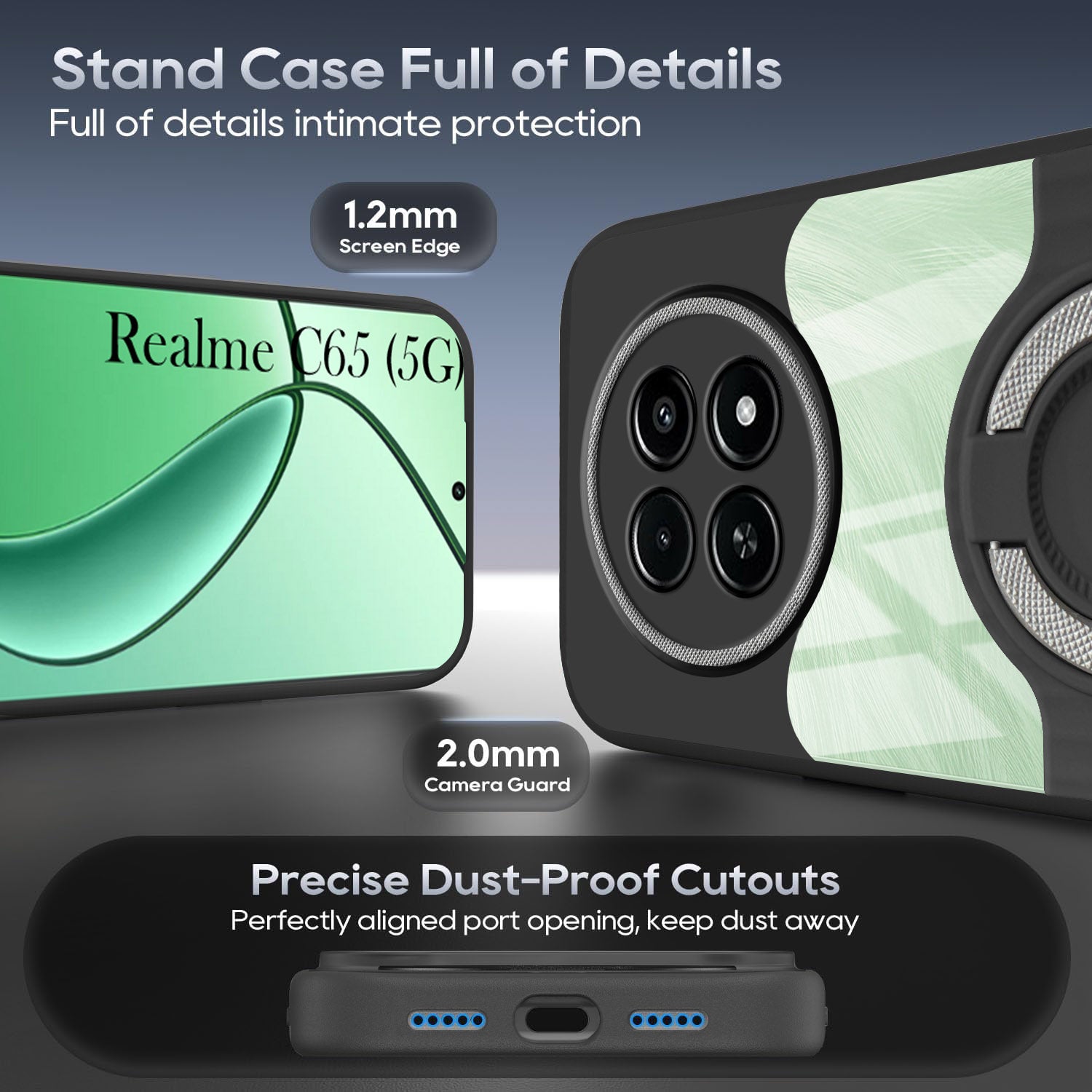 For Realme C65 5G Back Cover Case with stand (Built-in Ring Holder Kickstand | Lifetime Anti Yellow | Camera Protection)