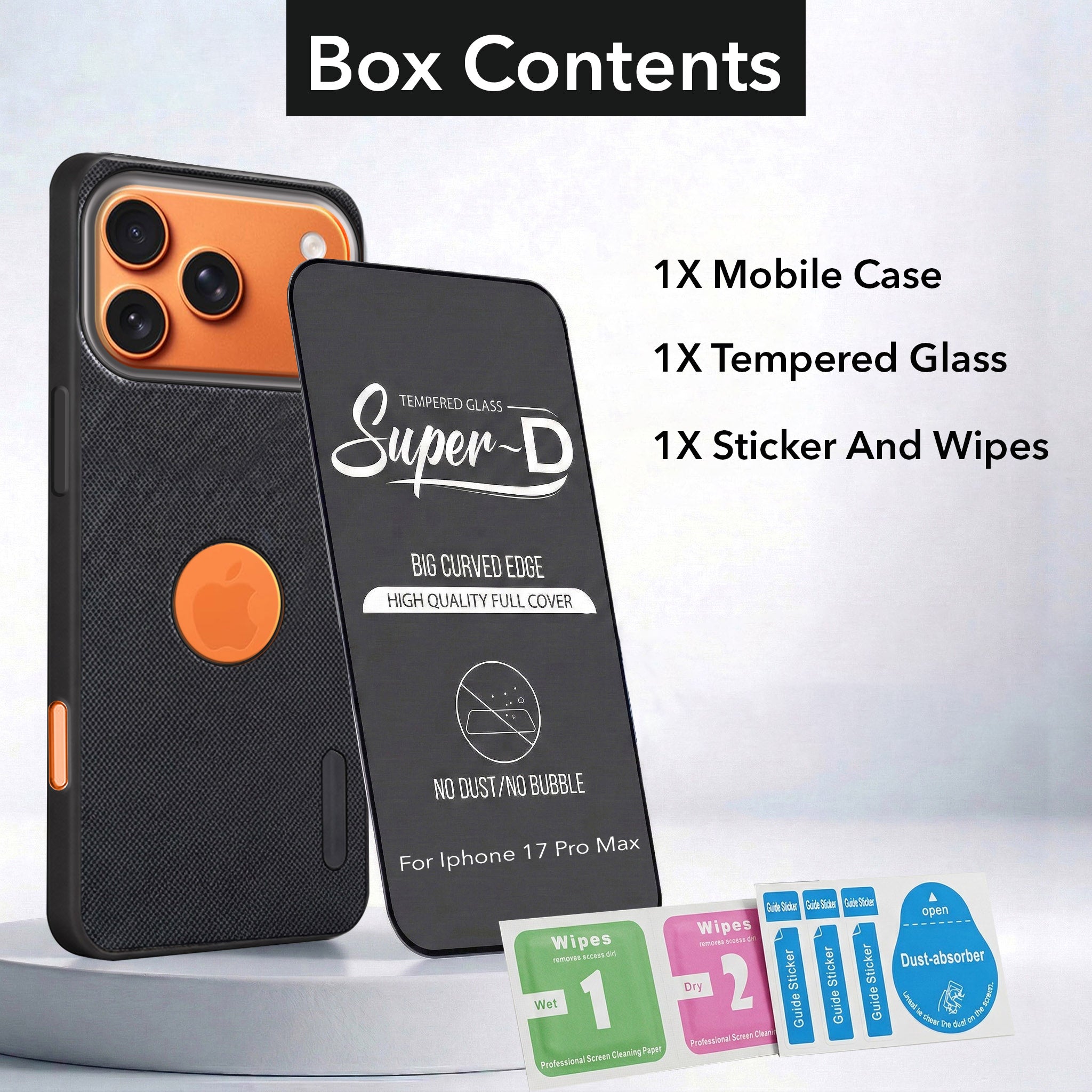 For Apple iPhone 17 Pro Max Combo with Back Cover and 9H Tempered Glass (Textured Grip Design | Micro-Fiber Cloth Inside | Oleophobic Coating Screen Glass)