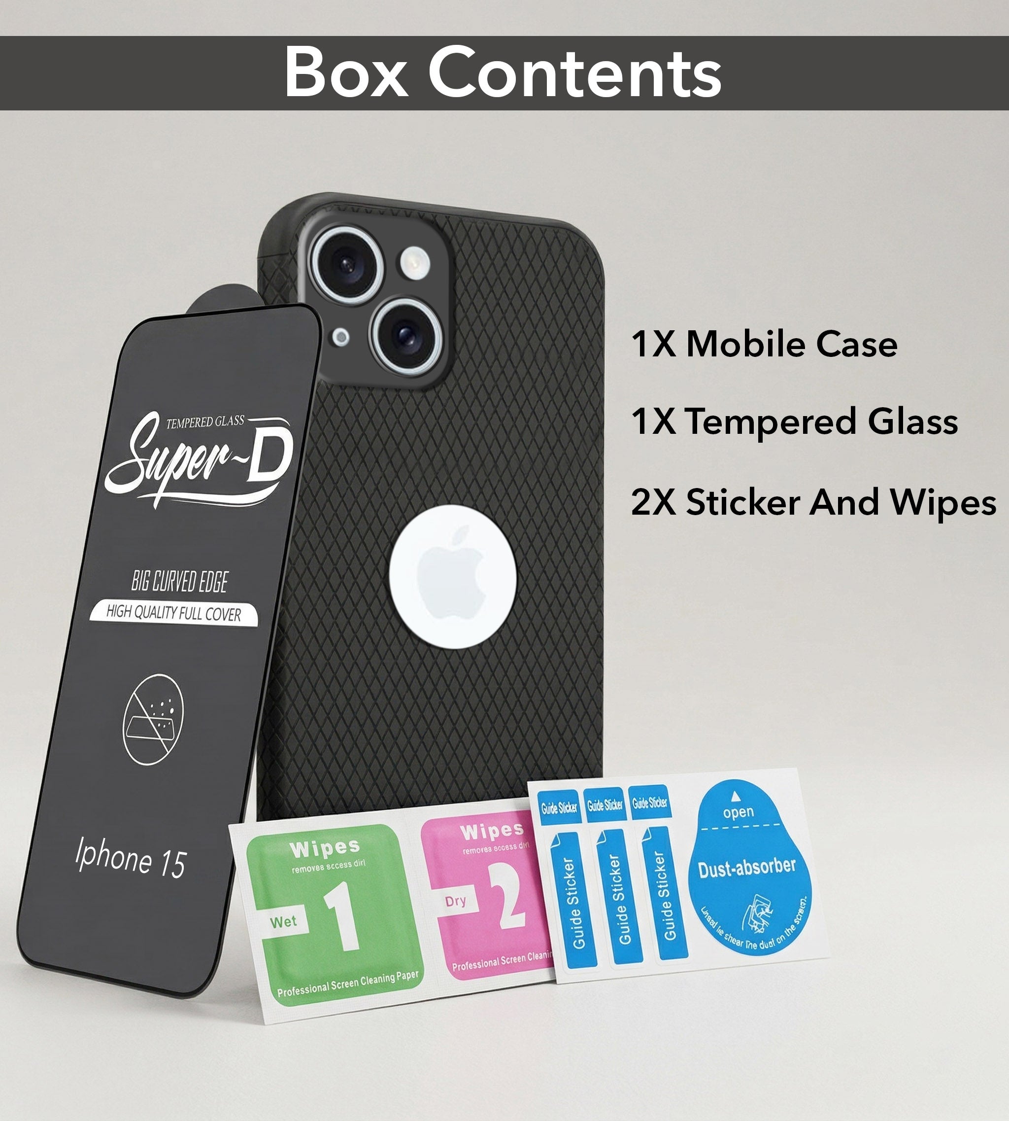 For Apple iPhone 15 Combo with Back Cover and 9H Tempered Glass (Liquid Silicone | Camera Protection | Oleophobic Coating Screen Glass)