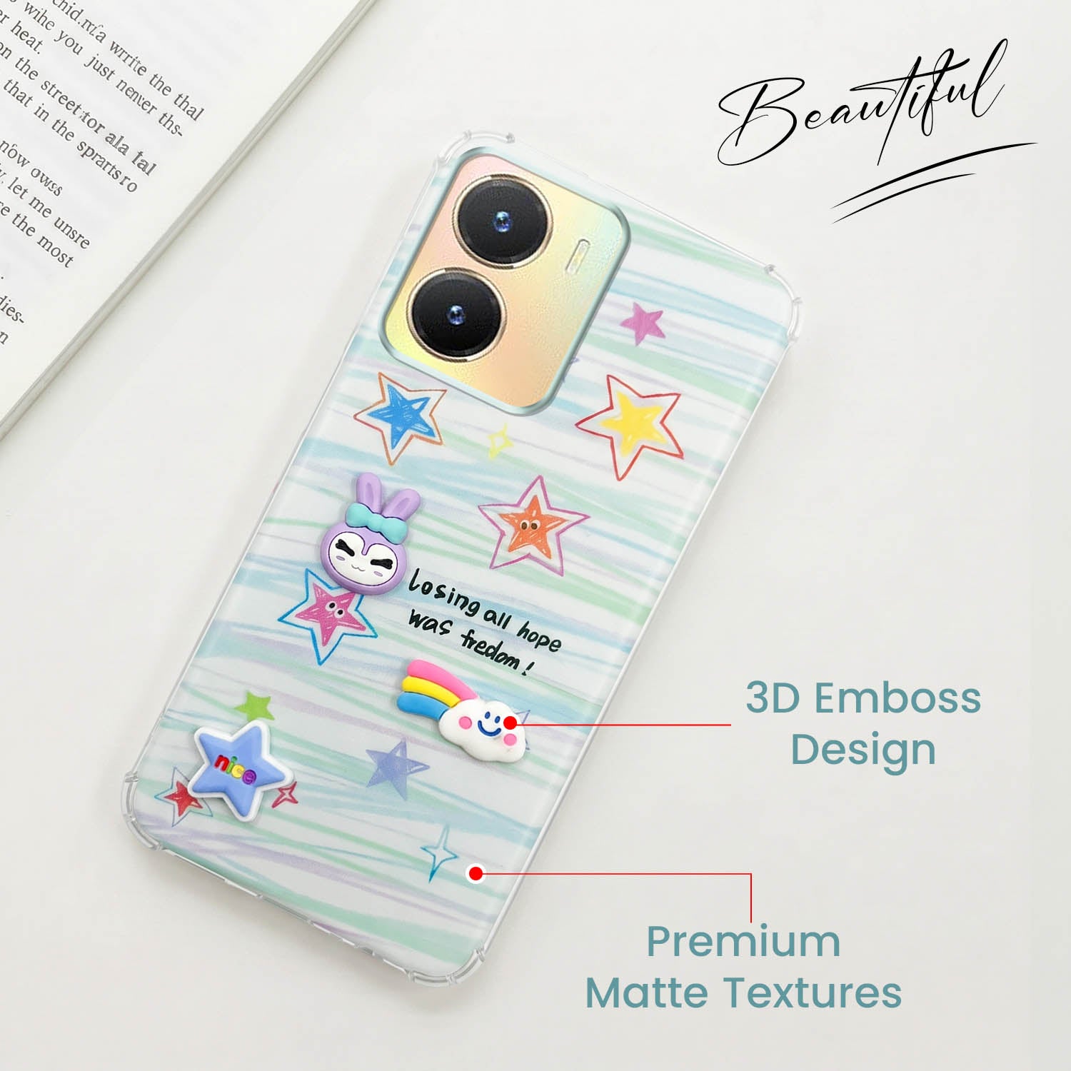 For Vivo T2x Back Cover Case (3D Cute Cartoons | Hard Back Side Soft | Matte Premium Finish | HD Printing)