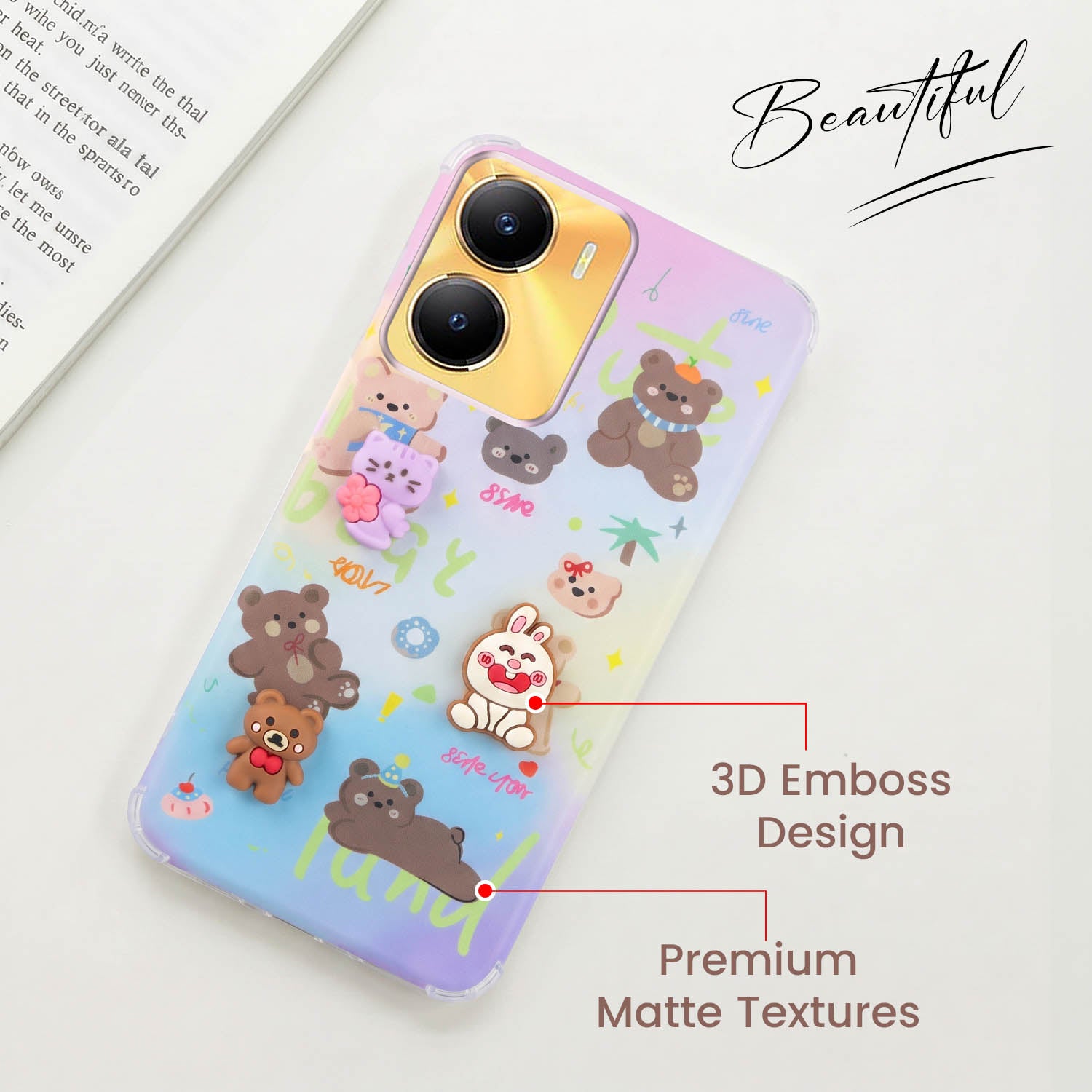 For Vivo Y56 5G Back Cover Case (3D Cute Cartoons | Hard Back Side Soft | Matte Premium Finish | HD Printing)