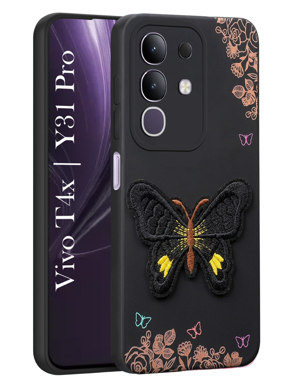 For Vivo T4x | Vivo Y31 Pro Back Cover Case (Soft Butterfly Embroidery | Women Teen Girls | Camera Protection| Matte Silicone)