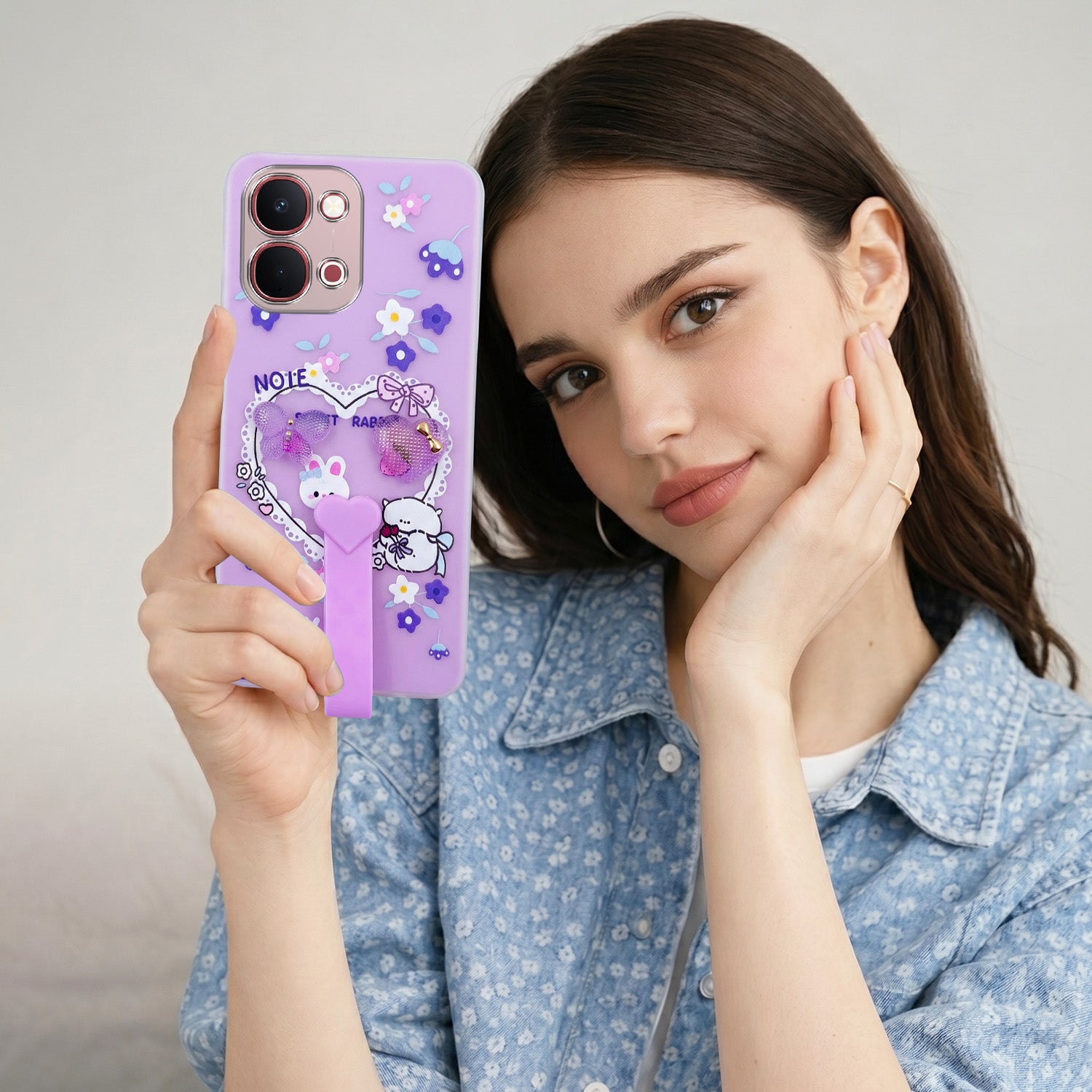 For Vivo Y51 Pro 5G | Vivo T5x Back Cover Case (3D Cute Heart Strap Holder | Camera Protection | Designer Girls Print)