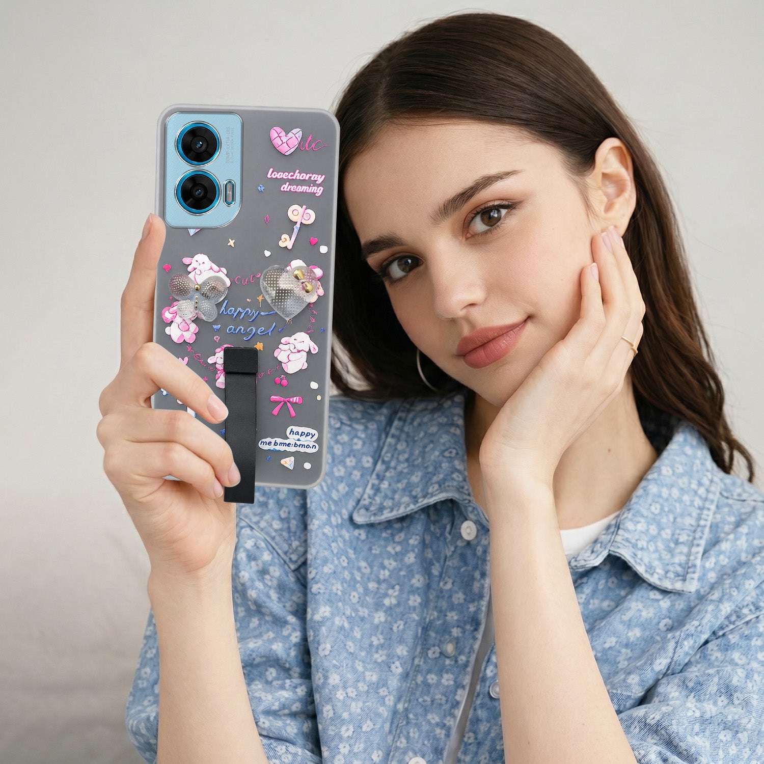For Motorola Moto G96 Back Cover Case (3D Cute Heart Strap Holder | Camera Protection | Designer Girls Print)