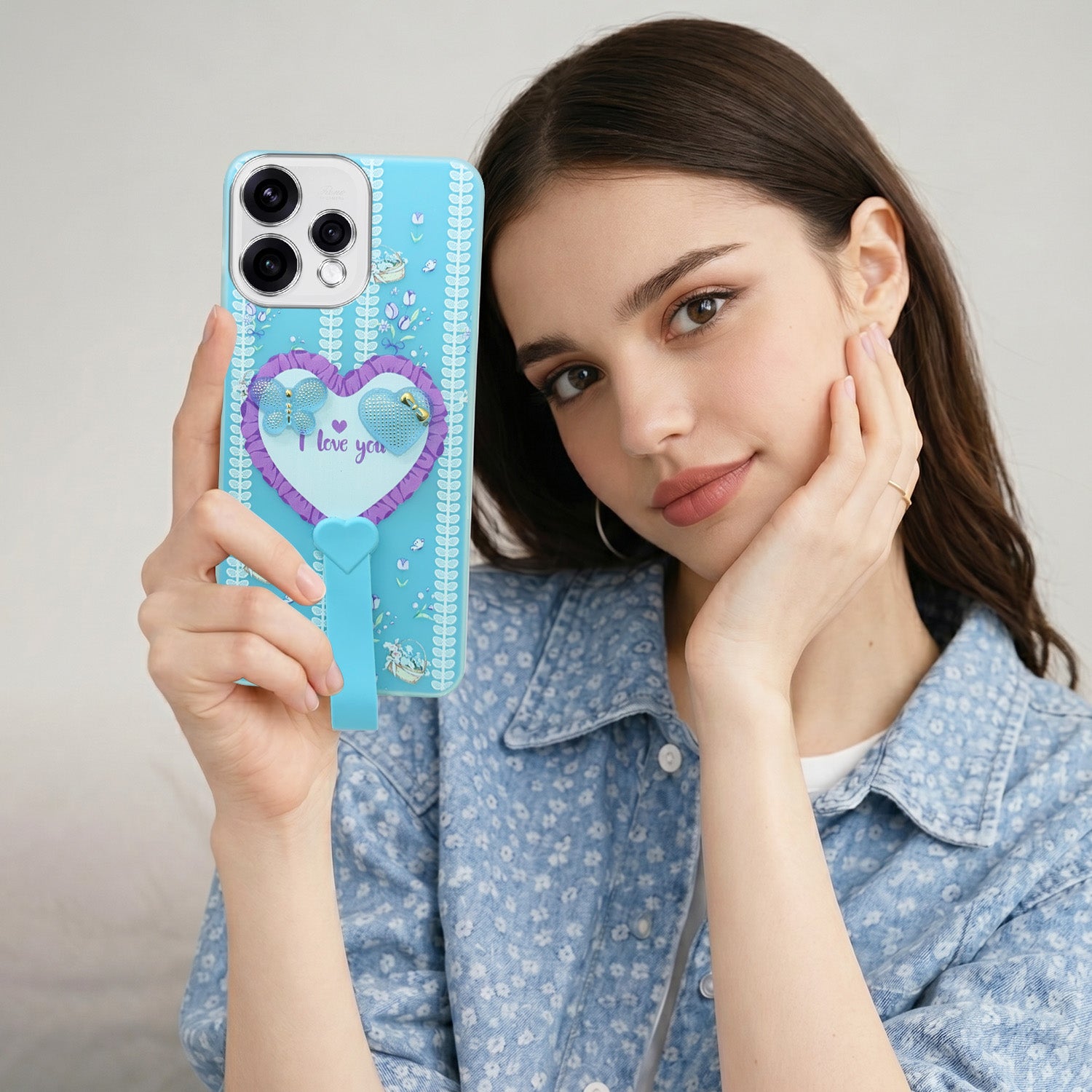 For Oppo Reno15 5G Back Cover Case (3D Cute Heart Strap Holder | Camera Protection | Designer Girls Print)