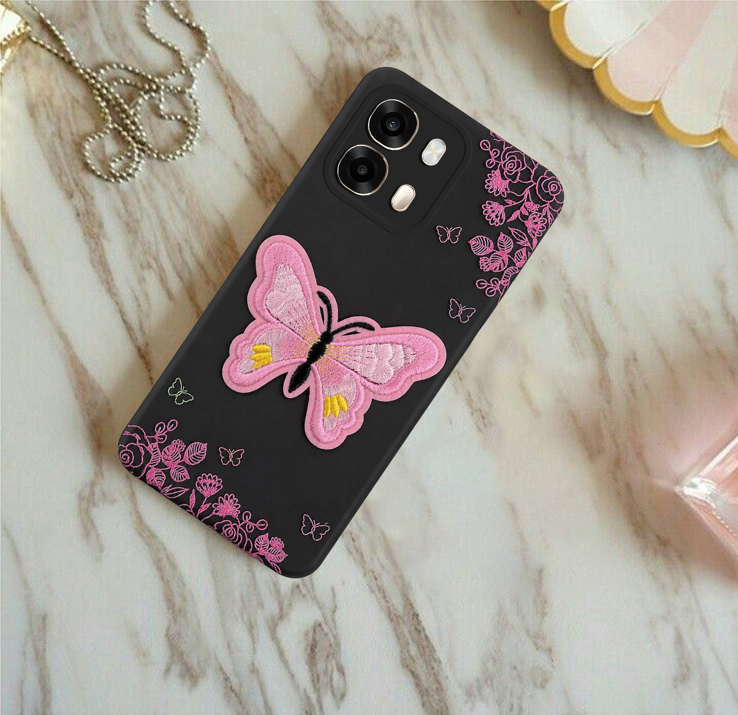 For Oppo A6 Pro Back Cover Case (Soft Butterfly Embroidery | Women Teen Girls | Camera Protection| Matte Silicone)