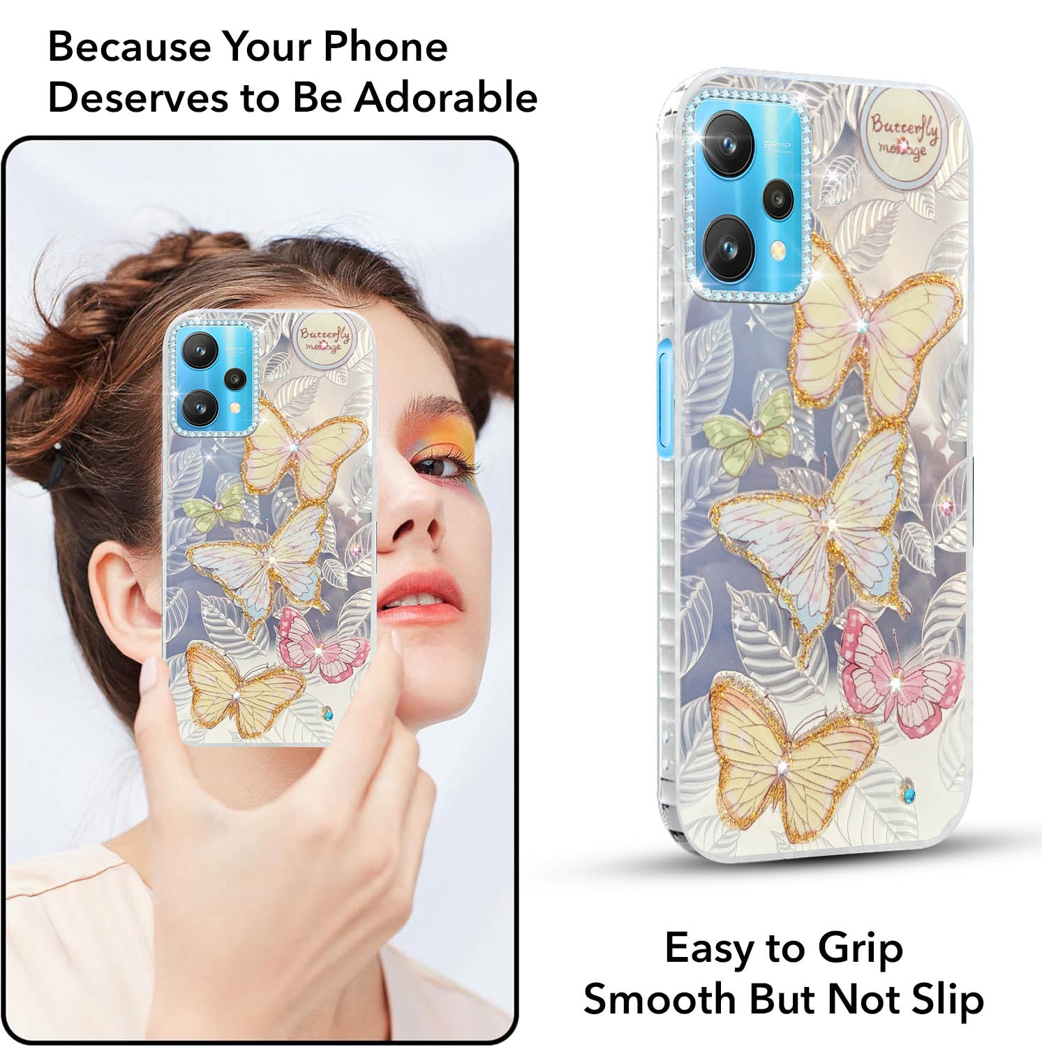 For Realme 9 Pro Back Cover Case (Luxury Floral Glitter Cute Butterfly | Diamond Studded Camera Bump | Girls & Women Design)