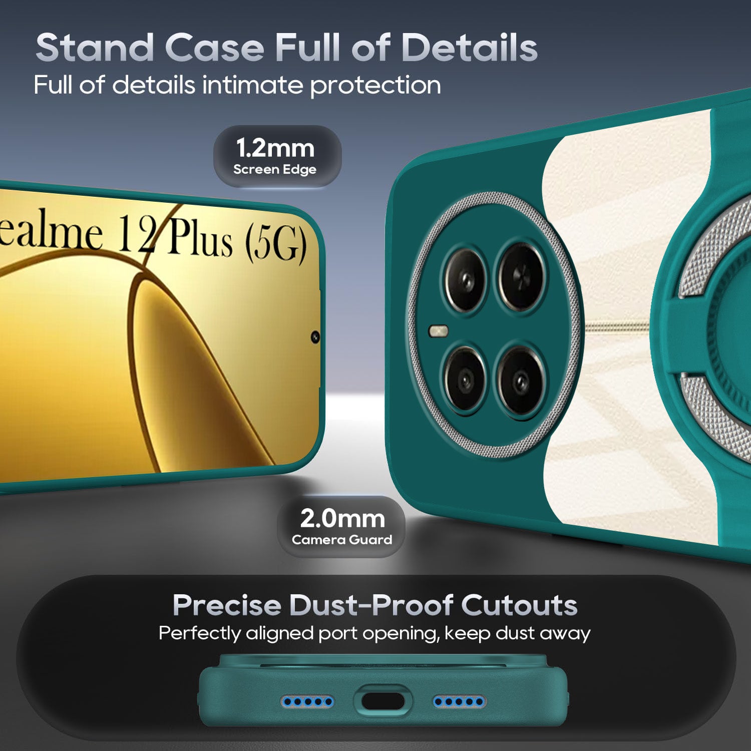 For Realme 12 Plus Back Cover Case with stand (Built-in Ring Holder Kickstand | Lifetime Anti Yellow | Camera Protection)