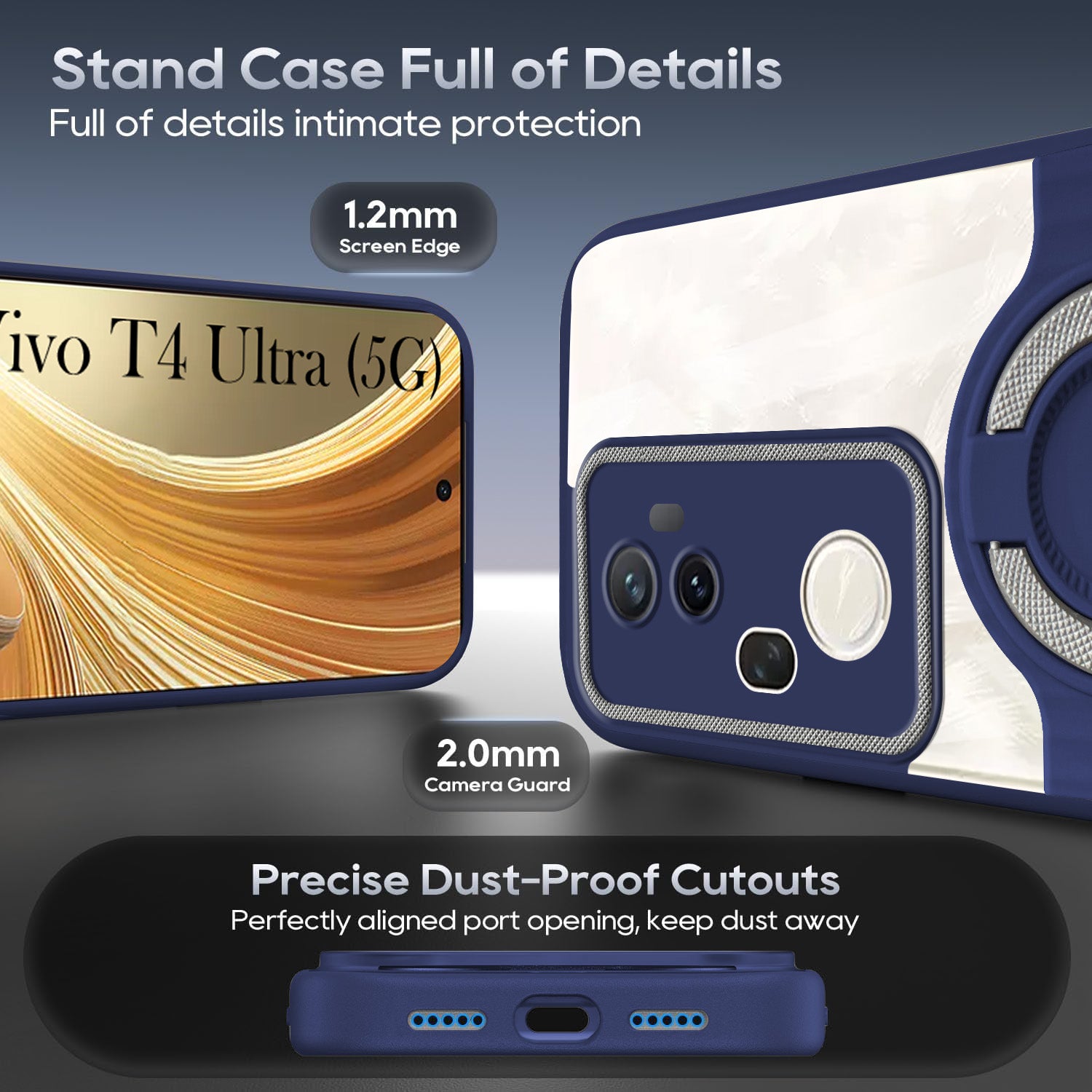 For Vivo T4 Ultra Back Cover Case with stand (Built-in Ring Holder Kickstand | Lifetime Anti Yellow | Camera Protection)