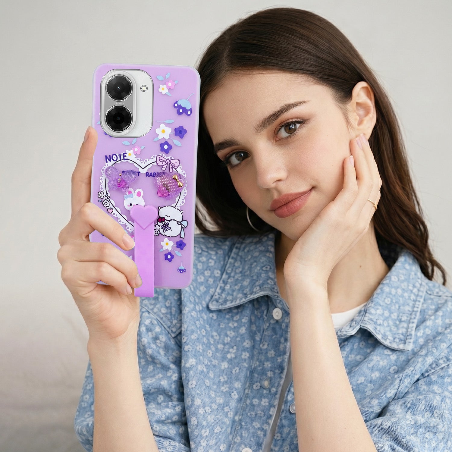 For Poco C71 Back Cover Case (3D Cute Heart Strap Holder | Camera Protection | Designer Girls Print)