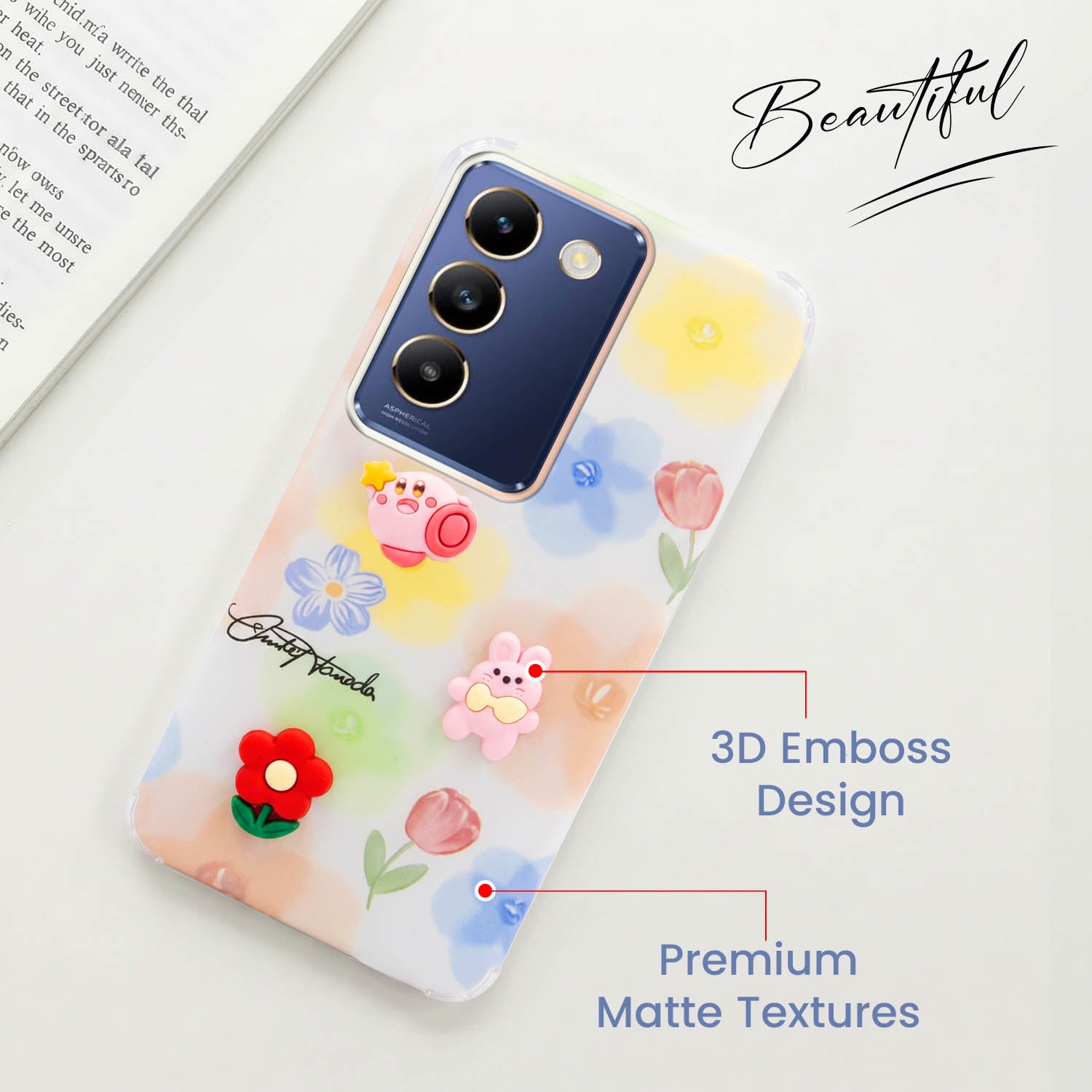 For Vivo T3 5G Back Cover Case (3D Cute Cartoons | Hard Back Side Soft | Matte Premium Finish | HD Printing)