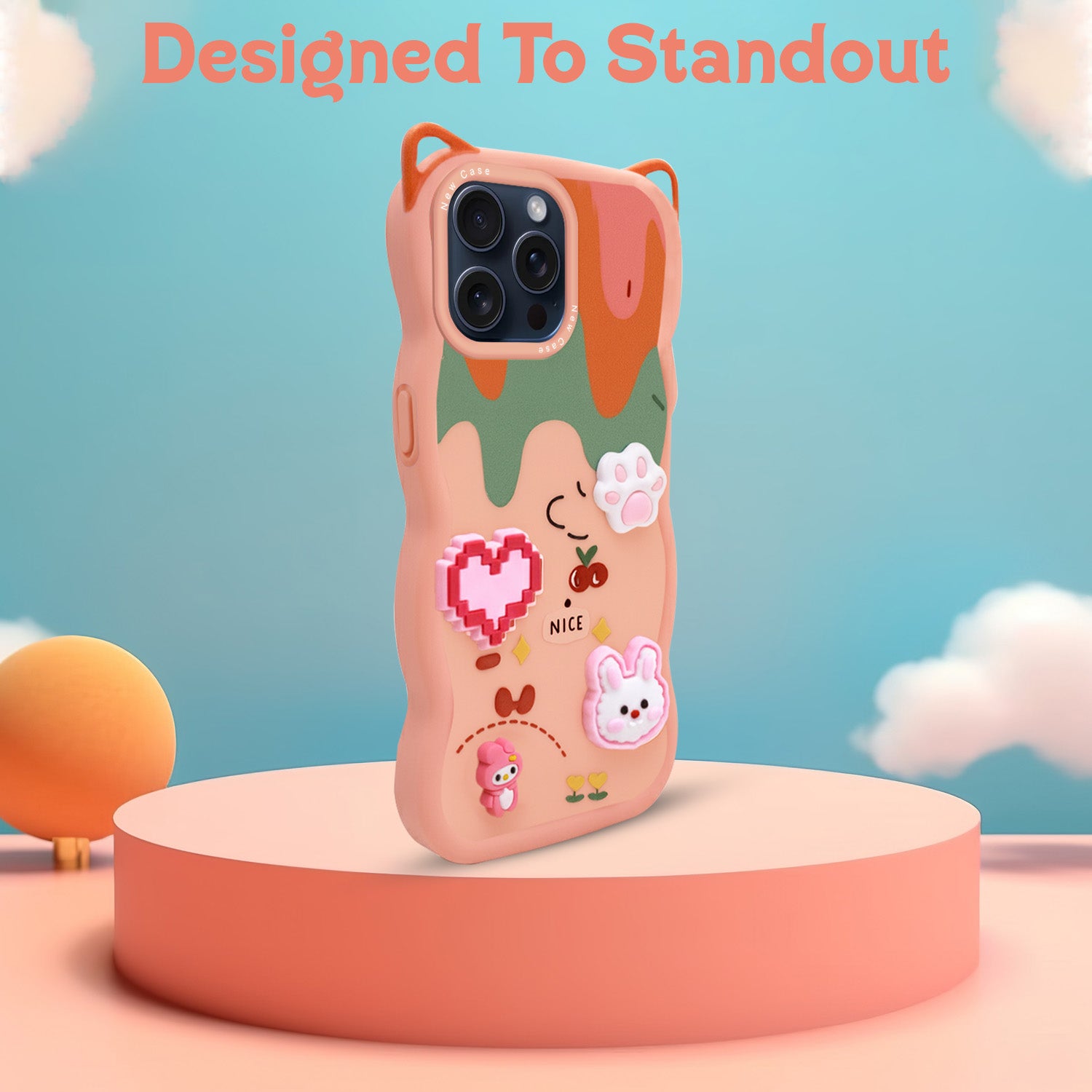 For Apple iPhone 15 Pro Back Case Cover Strap(3D Embossed Figures | Strap Holder | 360* Soft Cushion with Camera Bump)