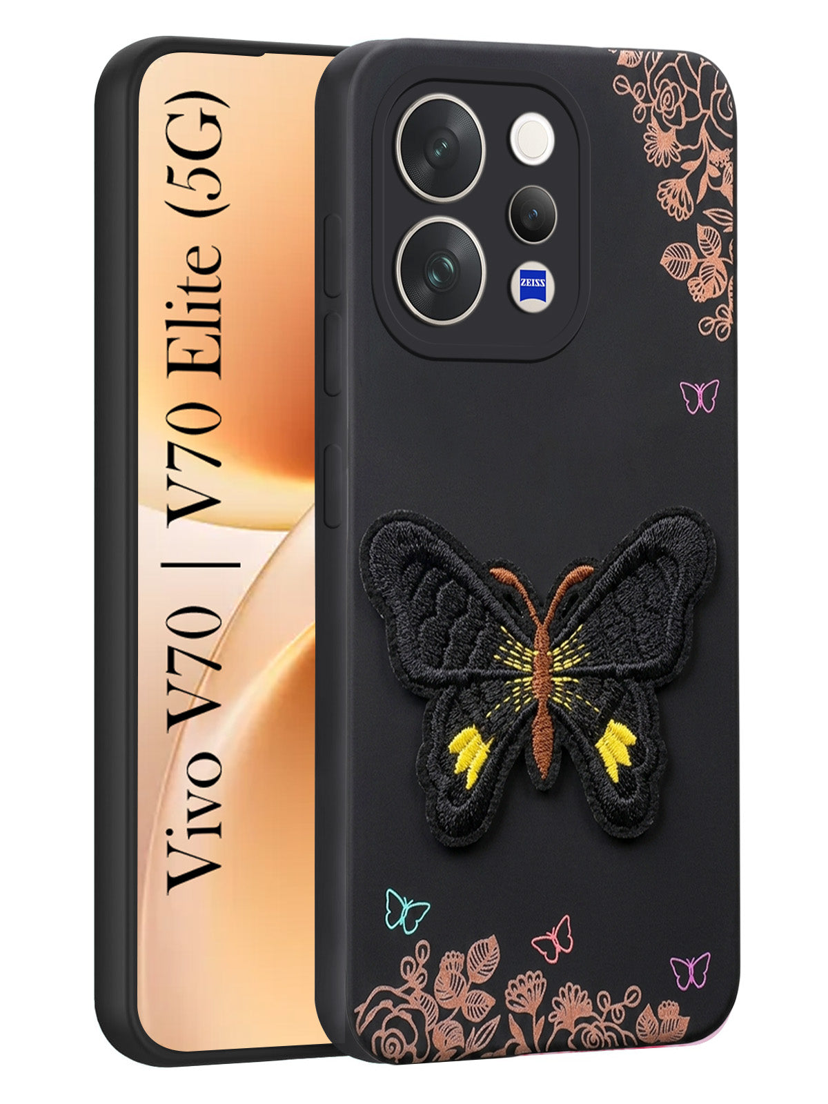 For Vivo V70 | Vivo V70 Elite 5G Back Cover Case (Soft Butterfly Embroidery | Women Teen Girls | Camera Protection| Matte Silicone)