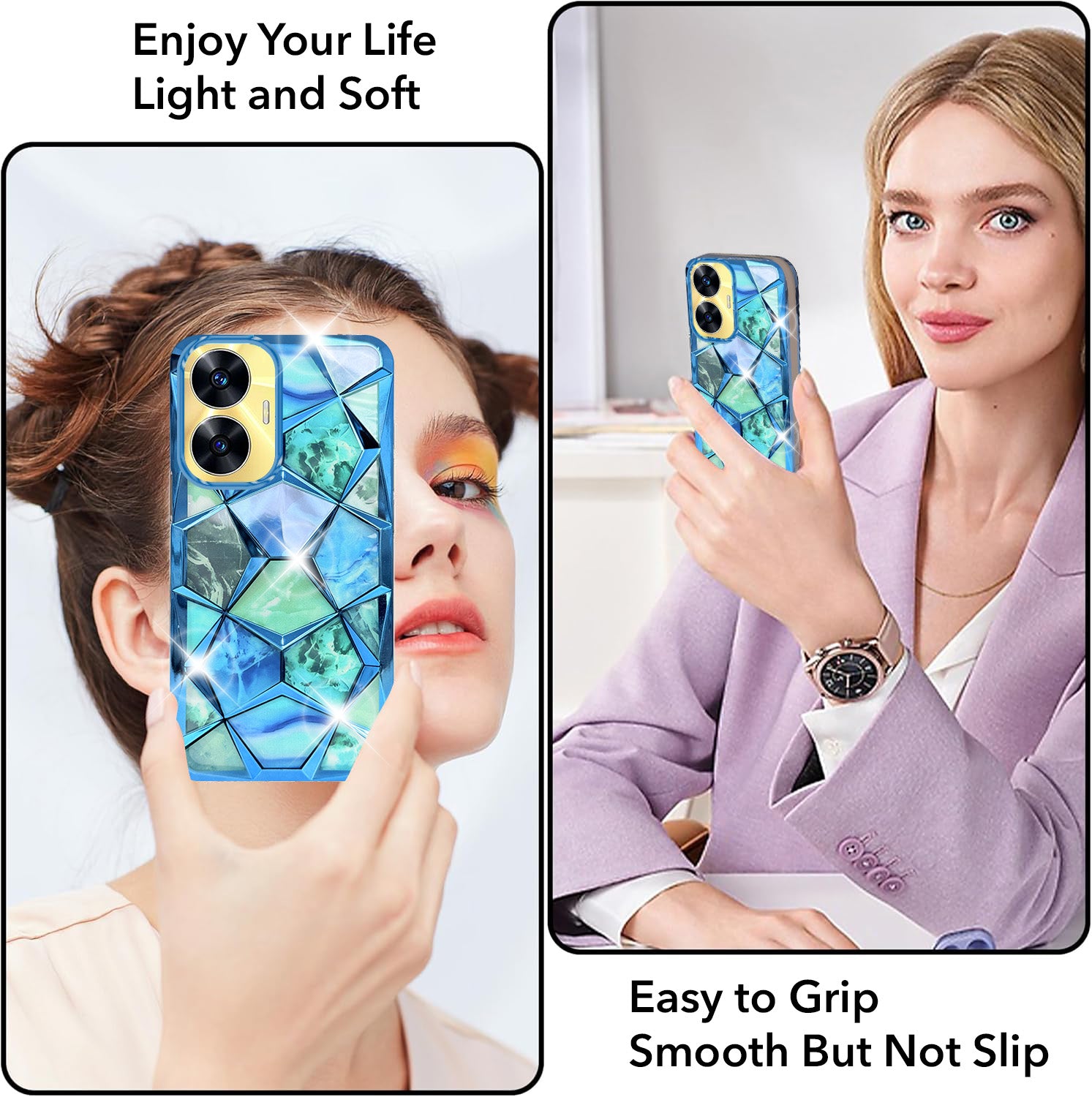 For Realme C55 Back Cover Case 3D Silicon Compatible (Dual Design Glitter Sparkle and Detachable Diamond Print Case | Soft and Flexible)