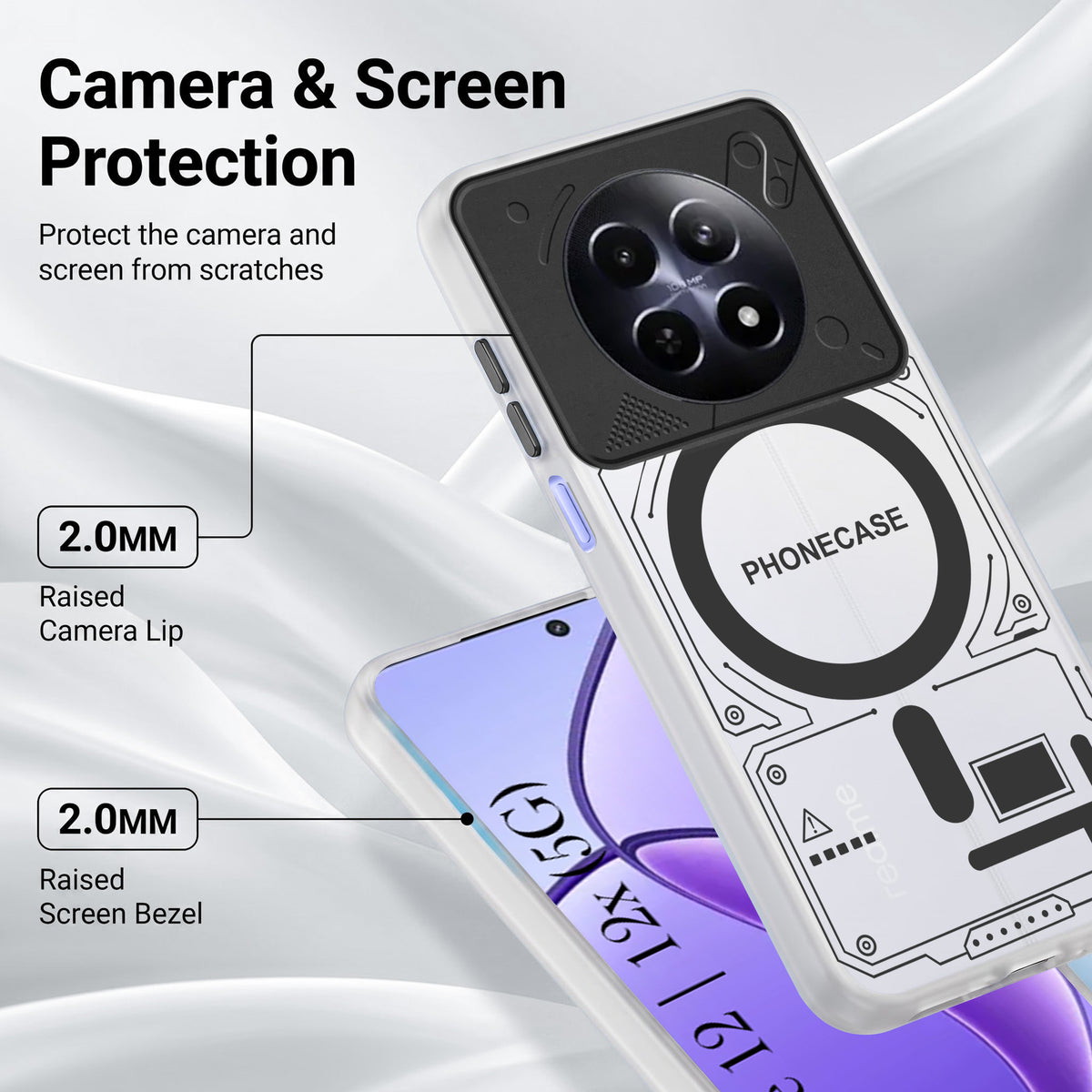 For Realme 12 | Realme 12X Metallic Back Cover Case (Metallic Camera Protection & Buttons | Translucent Milky Shade | Hard Polycarbonate)