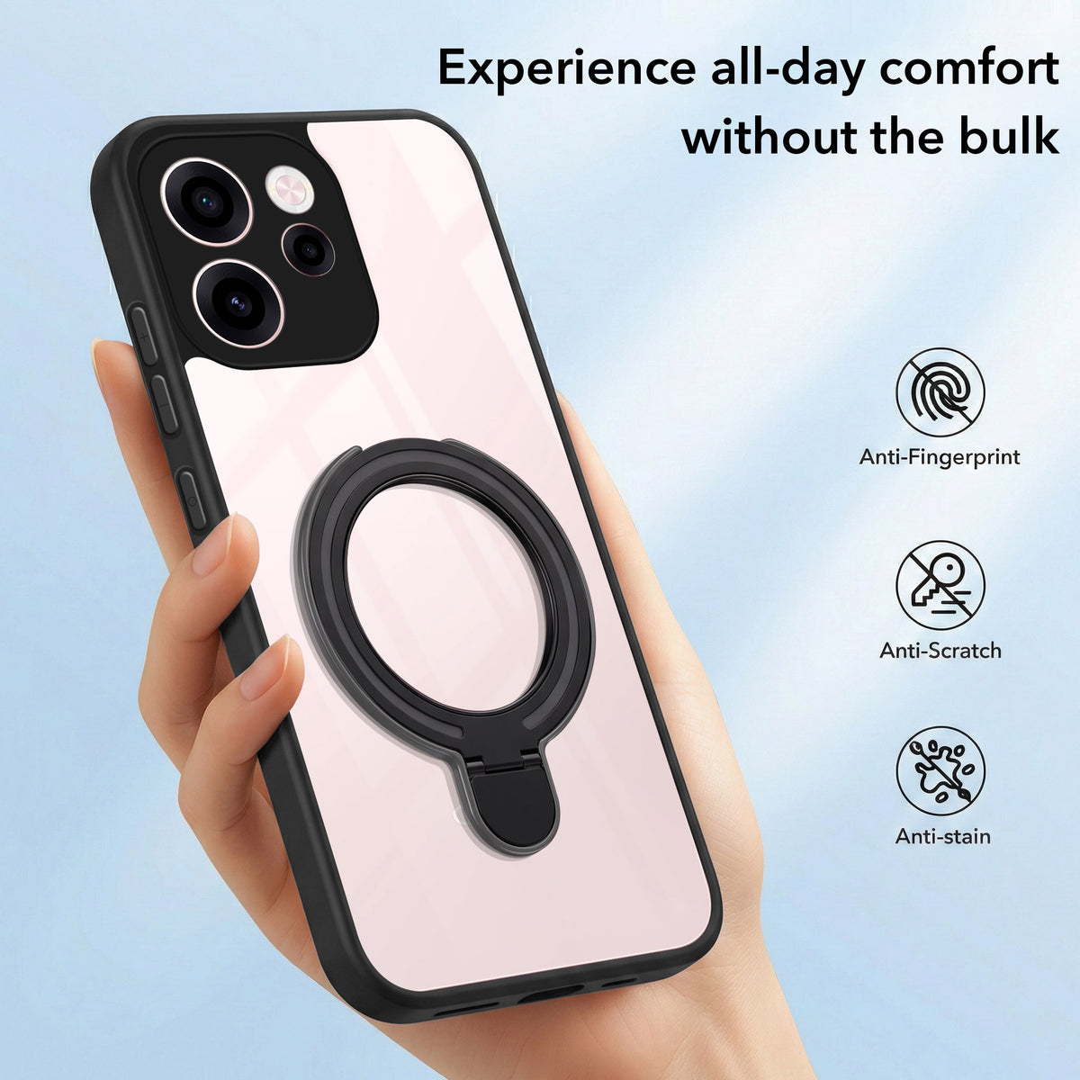 For Oppo Reno 15c Back Cover Case (Kick Stand Ring Holder | Life time Anti Yellow | Camera Protection)