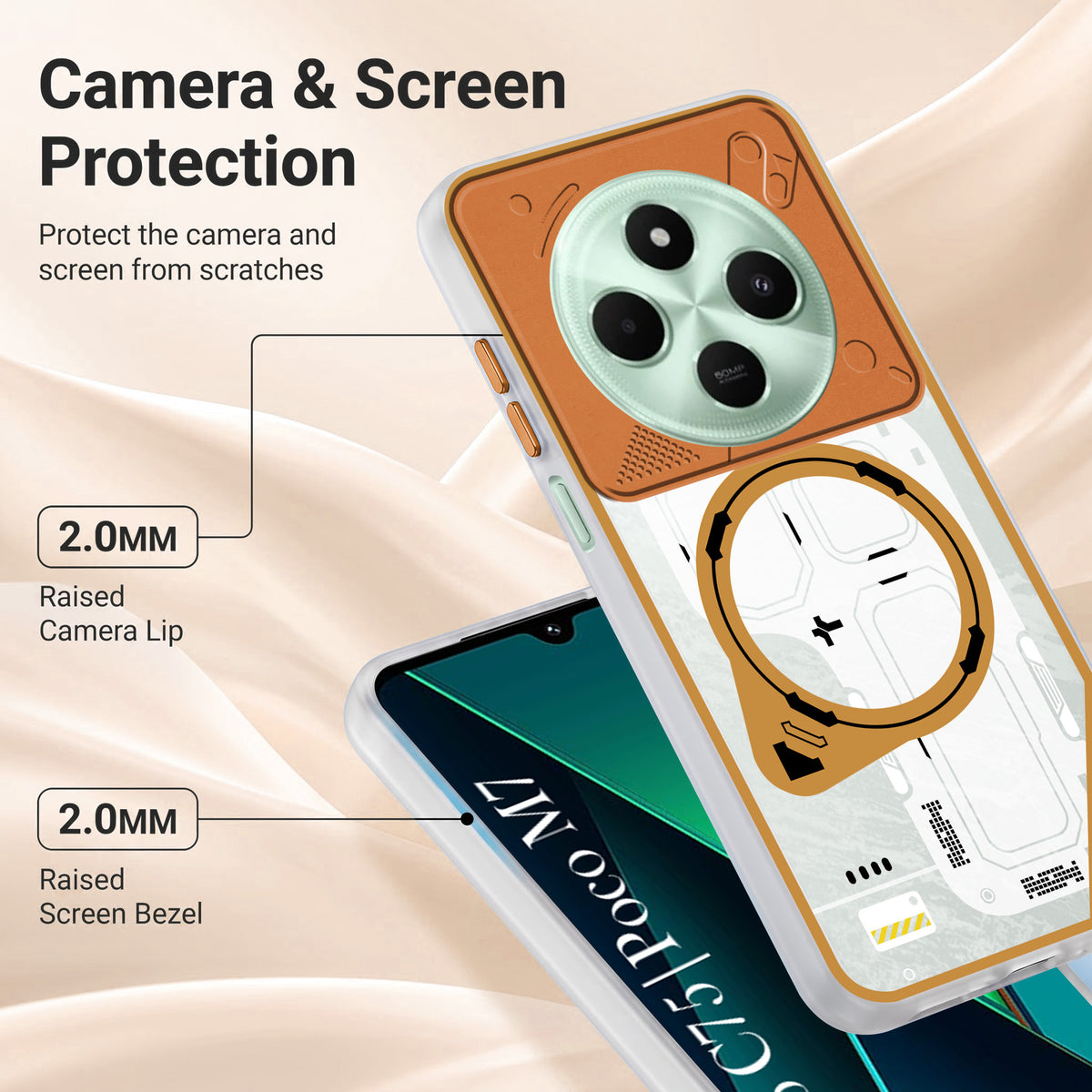 For Poco C75 | Poco M7 Metallic Back Cover Case (Metallic Camera Protection & Buttons | Translucent Milky Shade | Hard Polycarbonate)