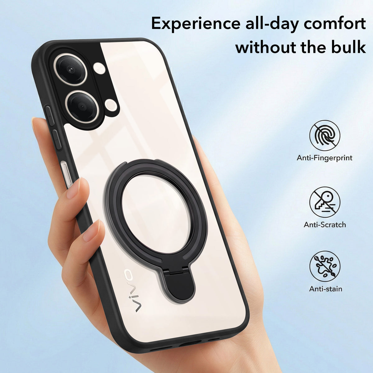 For Vivo iQOO Z11 Lite Back Cover Case (Kick Stand Ring Holder | Life time Anti Yellow | Camera Protection)