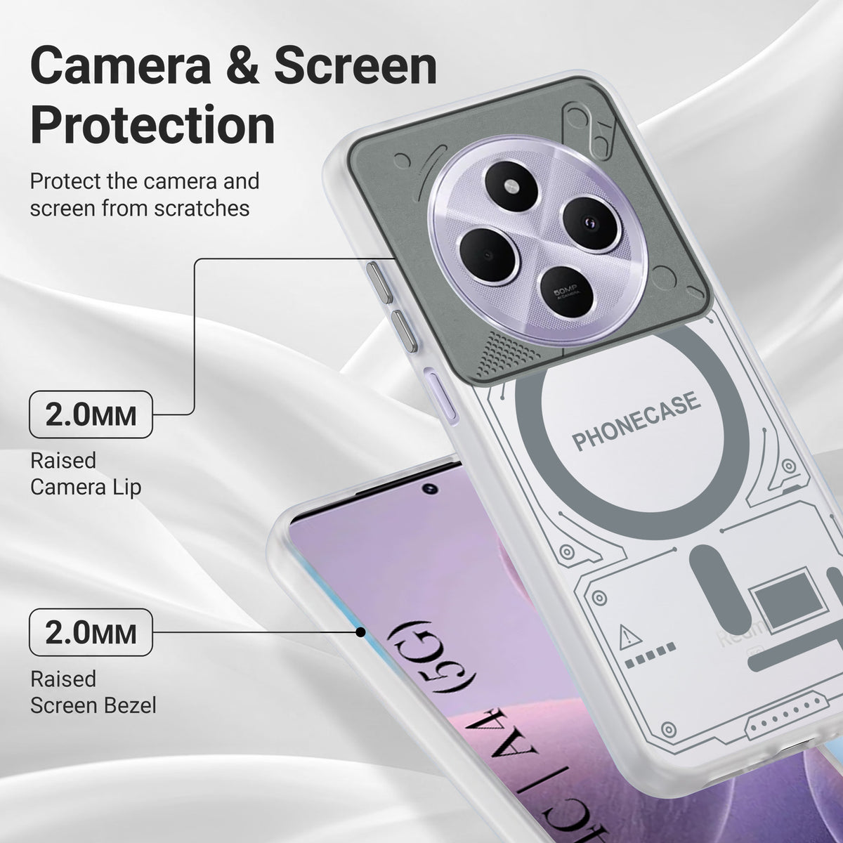 For Redmi A4 5G | Xiaomi Redmi 14C Metallic Back Cover Case (Metallic Camera Protection & Buttons | Translucent Milky Shade | Hard Polycarbonate)