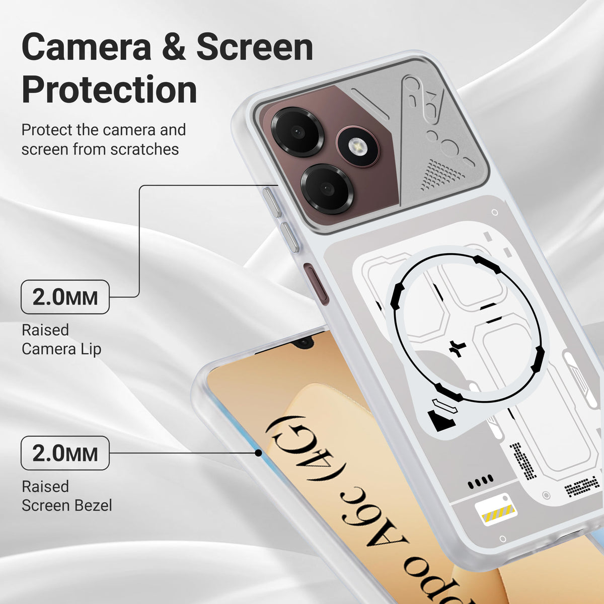 For Oppo A6c 4G Metallic Back Cover Case (Metallic Camera Protection & Buttons | Translucent Milky Shade | Hard Polycarbonate)