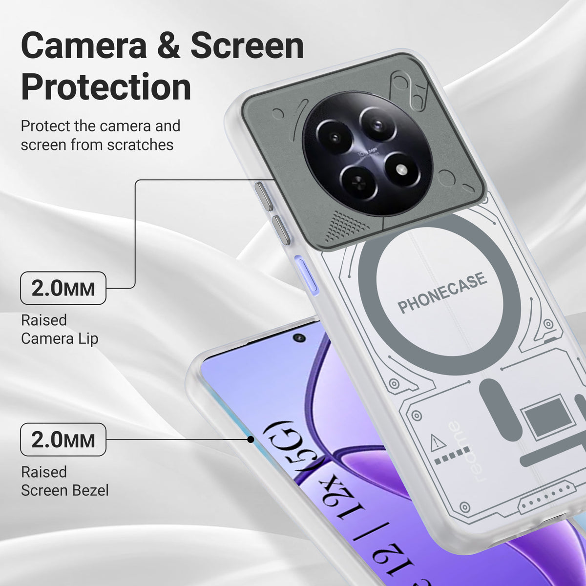 For Realme 12 | Realme 12X Metallic Back Cover Case (Metallic Camera Protection & Buttons | Translucent Milky Shade | Hard Polycarbonate)