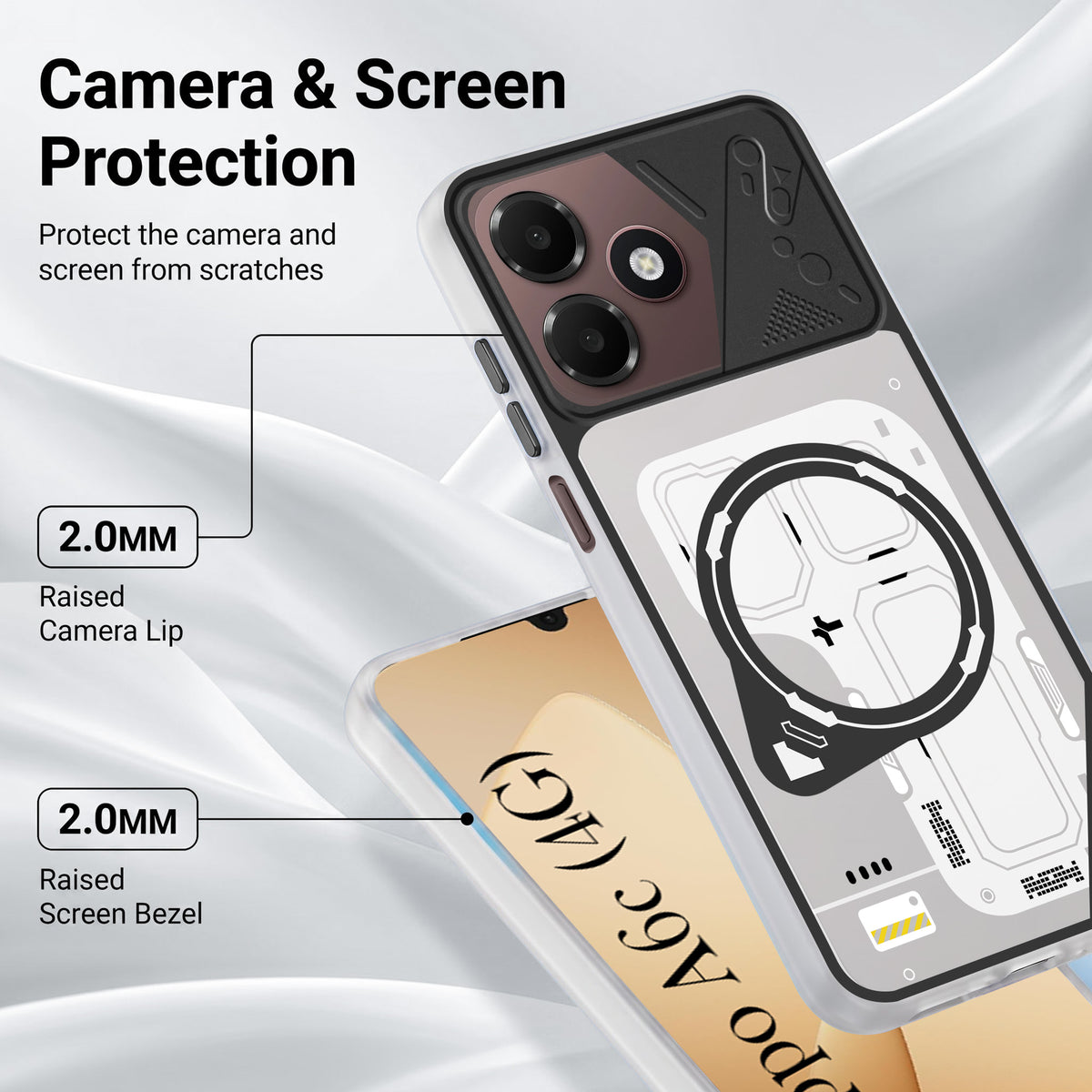 For Oppo A6c 4G Metallic Back Cover Case (Metallic Camera Protection & Buttons | Translucent Milky Shade | Hard Polycarbonate)