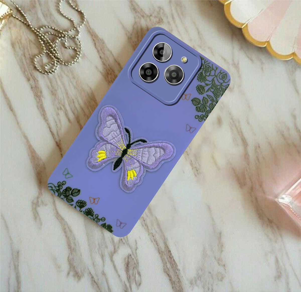 For Lava Yuva 3 Back Cover Case (Soft Butterfly Embroidery | Women Teen Girls | Camera Protection| Matte Silicone)