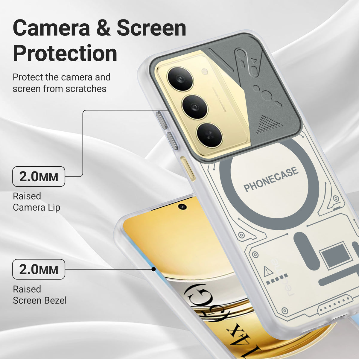 For Realme 14X Metallic Back Cover Case (Metallic Camera Protection & Buttons | Translucent Milky Shade | Hard Polycarbonate)