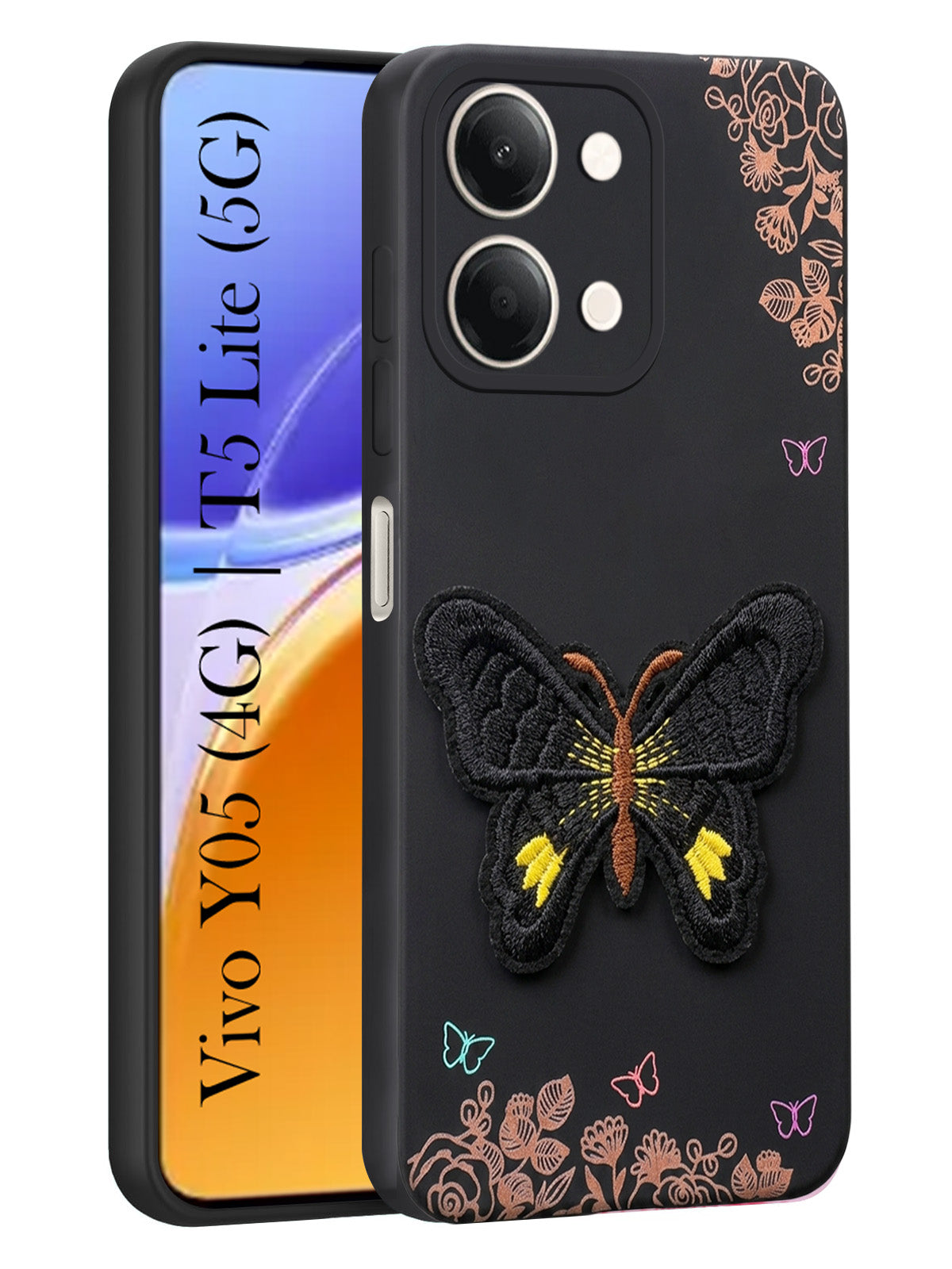 For Vivo Y05 (4G) | Vivo T5 Lite (5G) Back Cover Case (Soft Butterfly Embroidery | Women Teen Girls | Camera Protection| Matte Silicone)