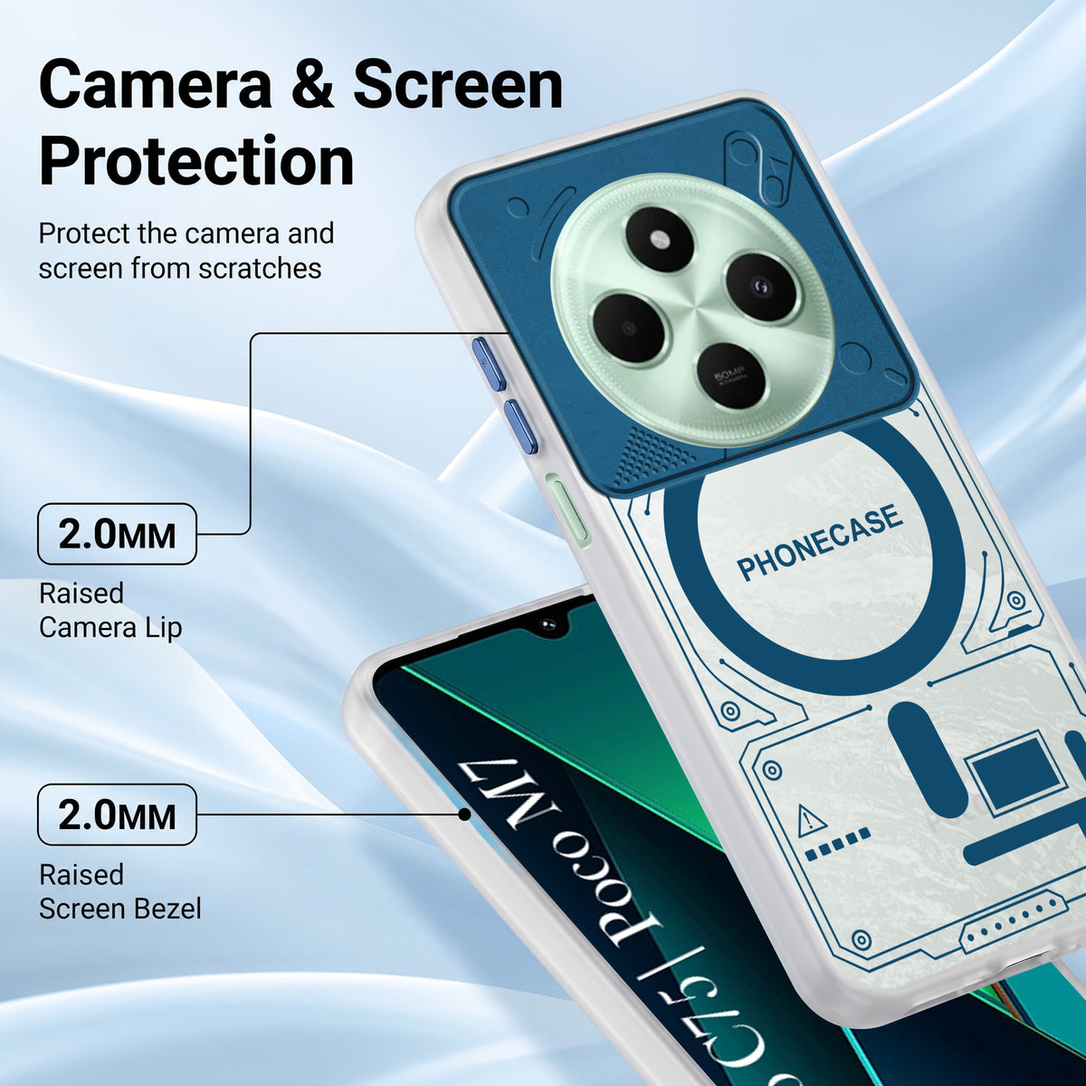 For Poco C75 | Poco M7 Metallic Back Cover Case (Metallic Camera Protection & Buttons | Translucent Milky Shade | Hard Polycarbonate)
