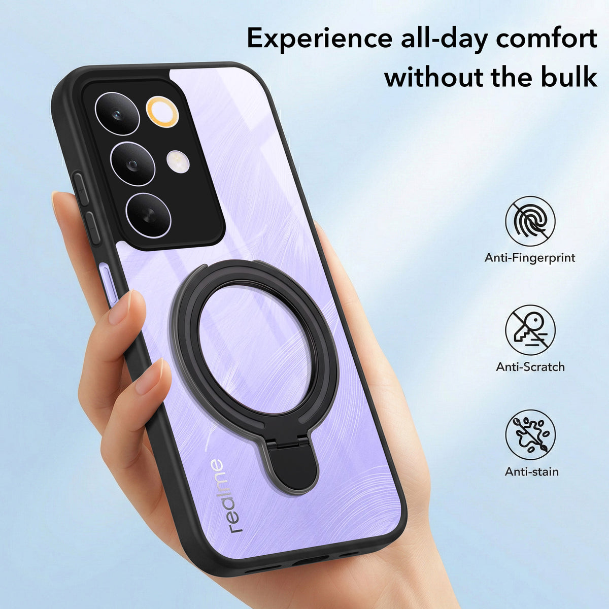 For Realme C85 5G | Realme Narzo 90x Back Cover Case (Kick Stand Ring Holder | Life time Anti Yellow | Camera Protection)