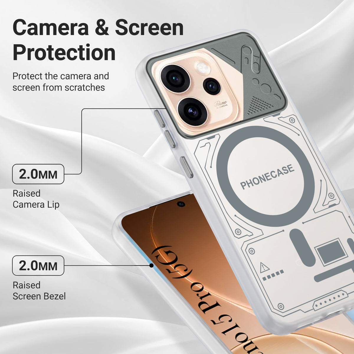 For Oppo Reno15 Pro 5G | Oppo Reno 15 Pro 5G Metallic Back Cover Case (Metallic Camera Protection & Buttons | Translucent Milky Shade | Hard Polycarbonate)