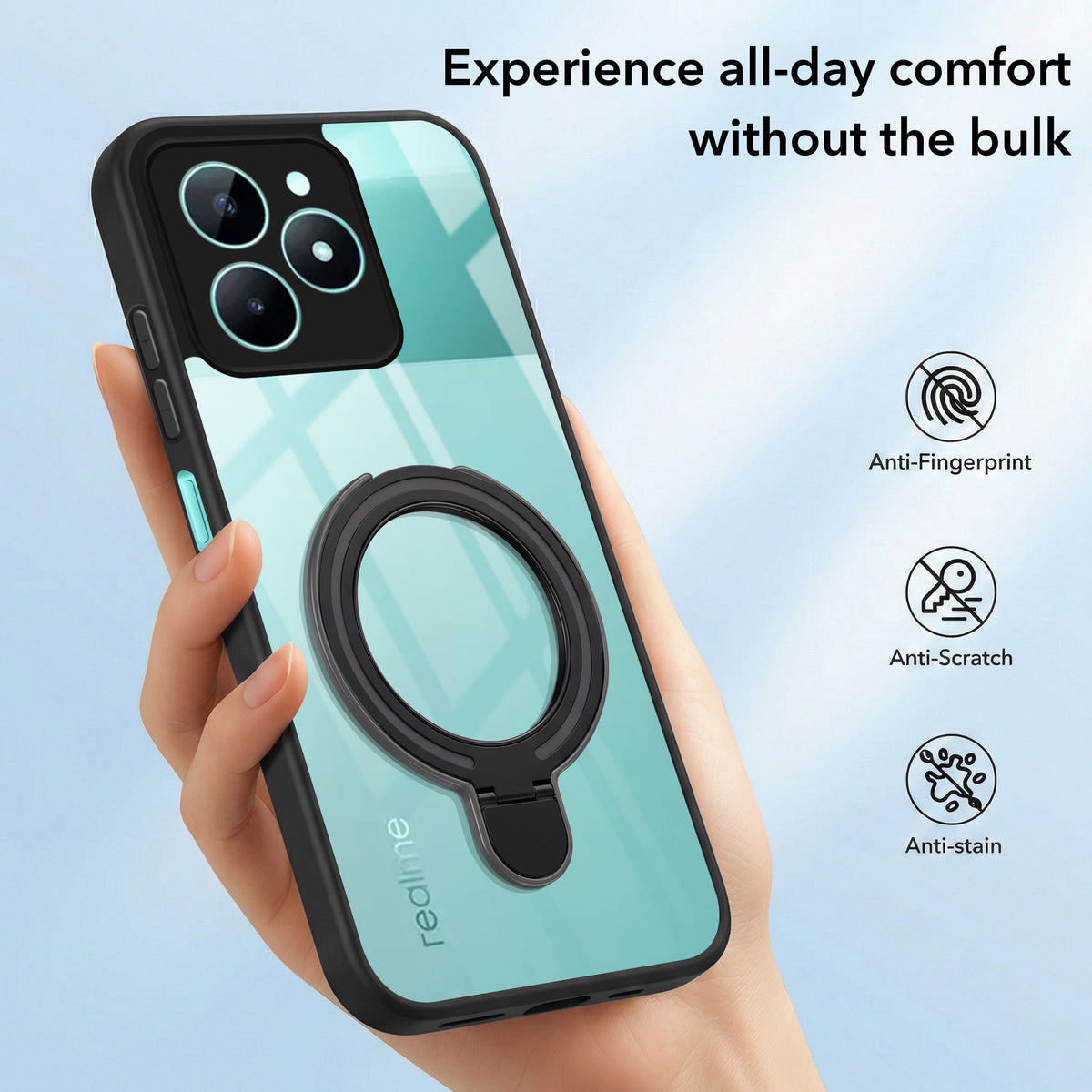 For Realme C51 Back Cover Case (Kick Stand Ring Holder | Life time Anti Yellow | Camera Protection)