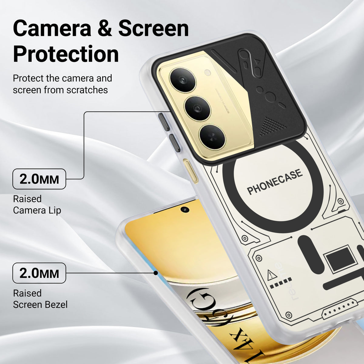 For Realme 14X Metallic Back Cover Case (Metallic Camera Protection & Buttons | Translucent Milky Shade | Hard Polycarbonate)