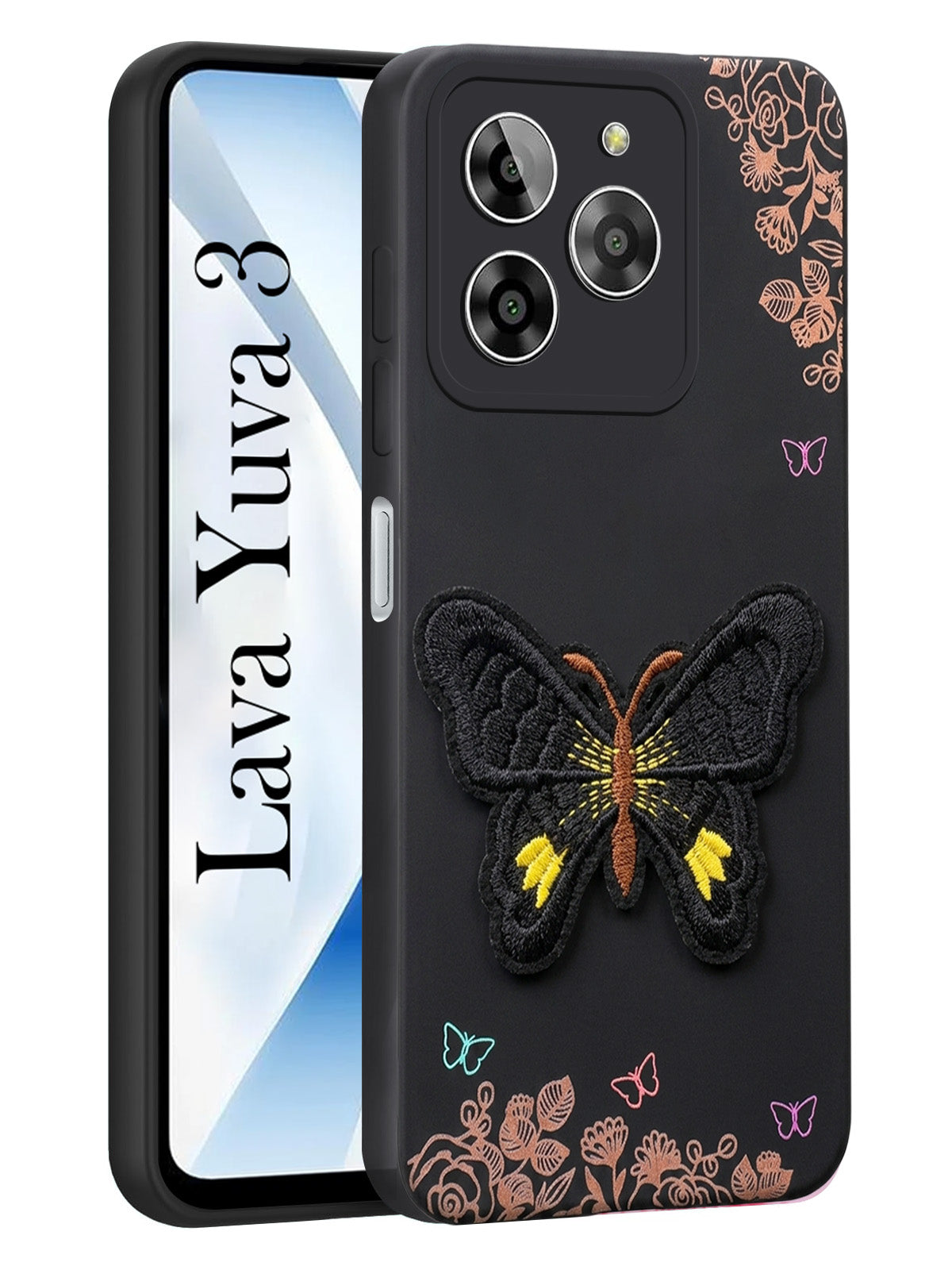 For Lava Yuva 3 Back Cover Case (Soft Butterfly Embroidery | Women Teen Girls | Camera Protection| Matte Silicone)