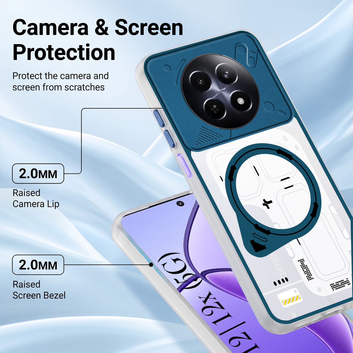 For Realme 12 | Realme 12X Metallic Back Cover Case (Metallic Camera Protection & Buttons | Translucent Milky Shade | Hard Polycarbonate)