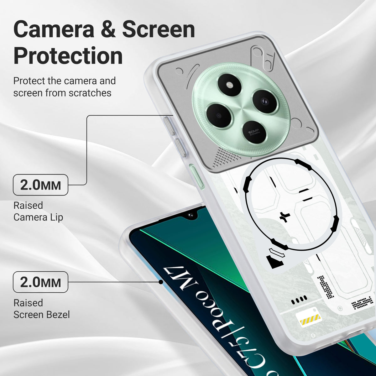 For Poco C75 | Poco M7 Metallic Back Cover Case (Metallic Camera Protection & Buttons | Translucent Milky Shade | Hard Polycarbonate)