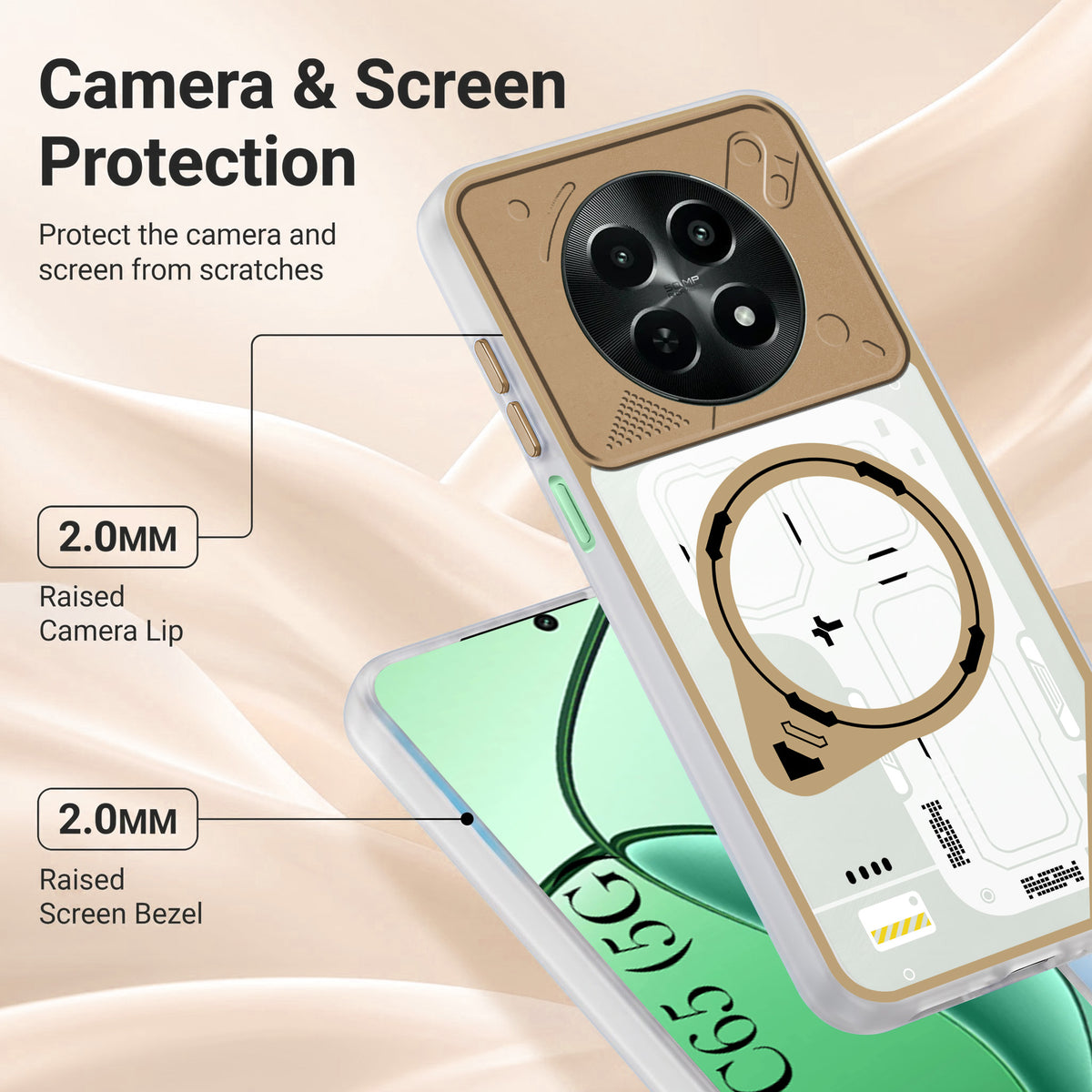 For Realme C65 5G Metallic Back Cover Case (Metallic Camera Protection & Buttons | Translucent Milky Shade | Hard Polycarbonate)