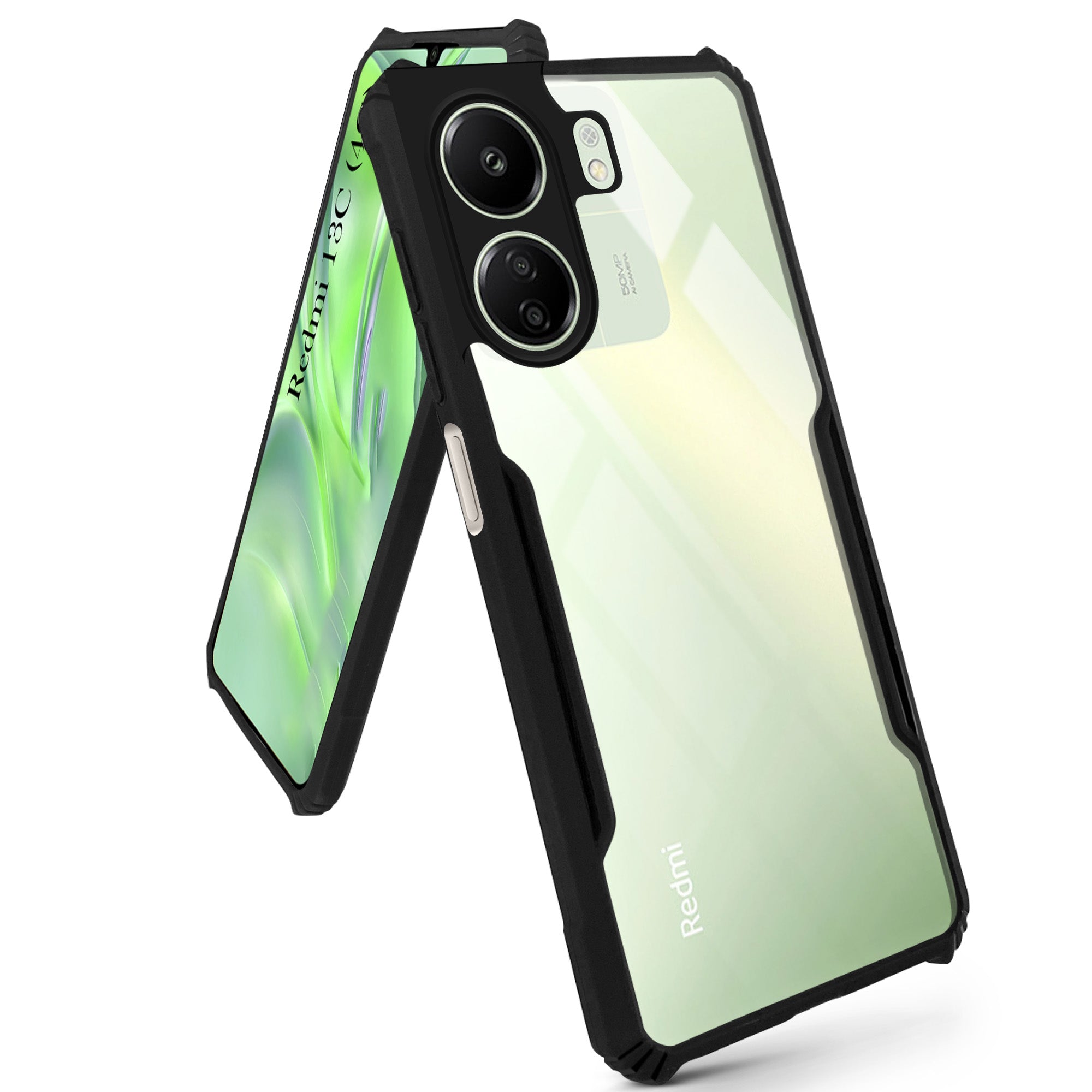For Redmi 13C 4G Back Cover Case Hybrid (Shockproof with Polycarbonate Clear Panel | Professional Black)
