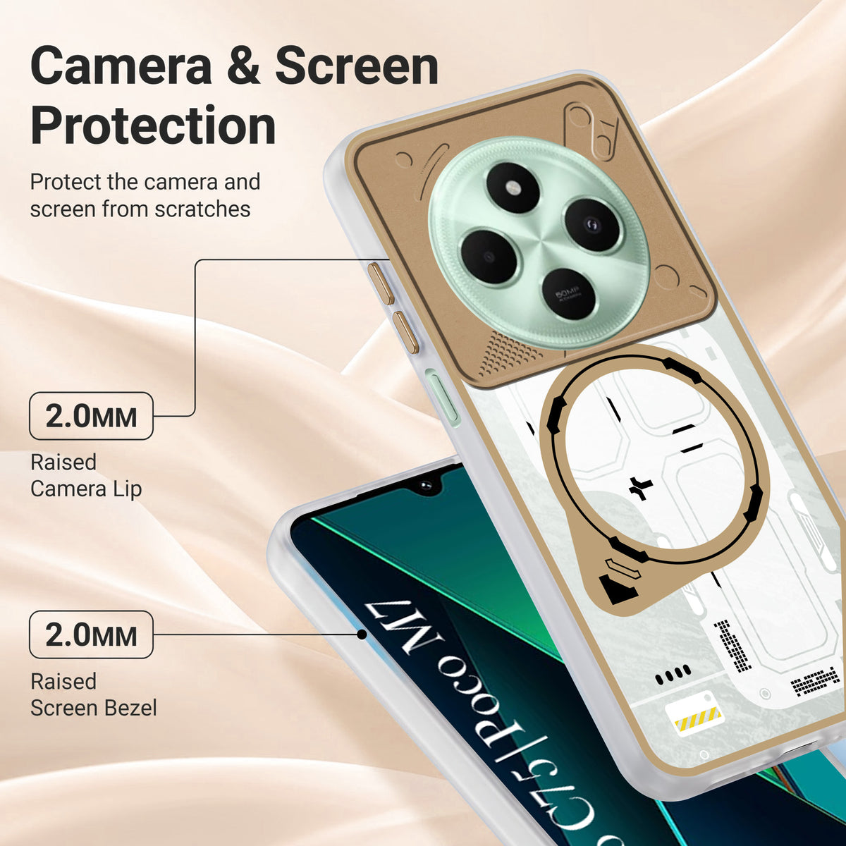 For Poco C75 | Poco M7 Metallic Back Cover Case (Metallic Camera Protection & Buttons | Translucent Milky Shade | Hard Polycarbonate)