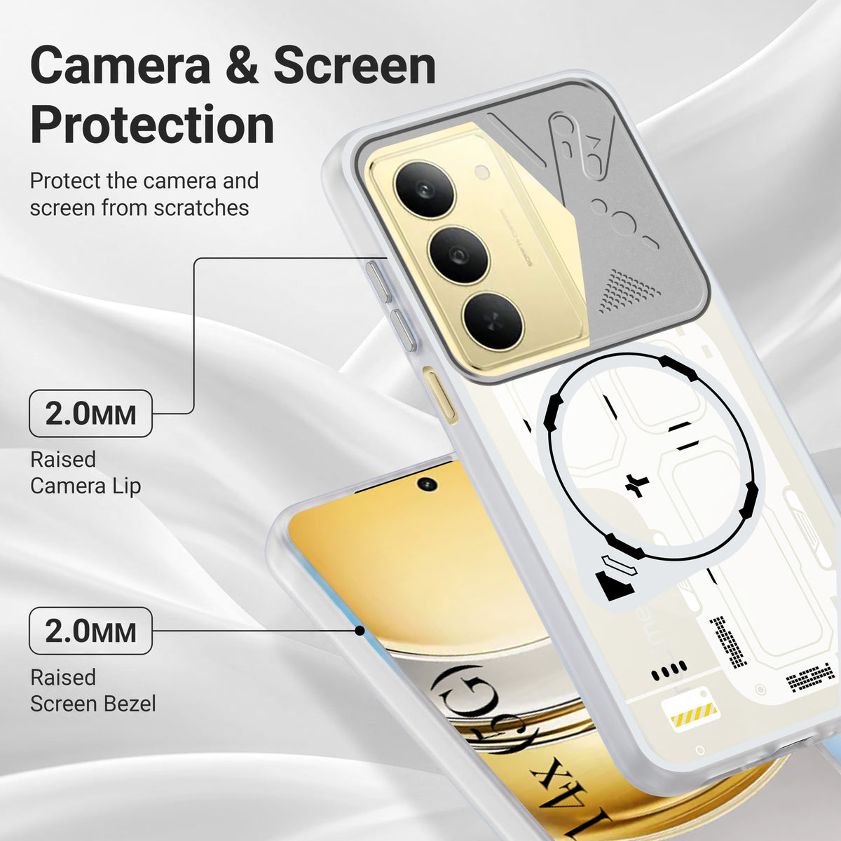 For Realme 14X Metallic Back Cover Case (Metallic Camera Protection & Buttons | Translucent Milky Shade | Hard Polycarbonate)